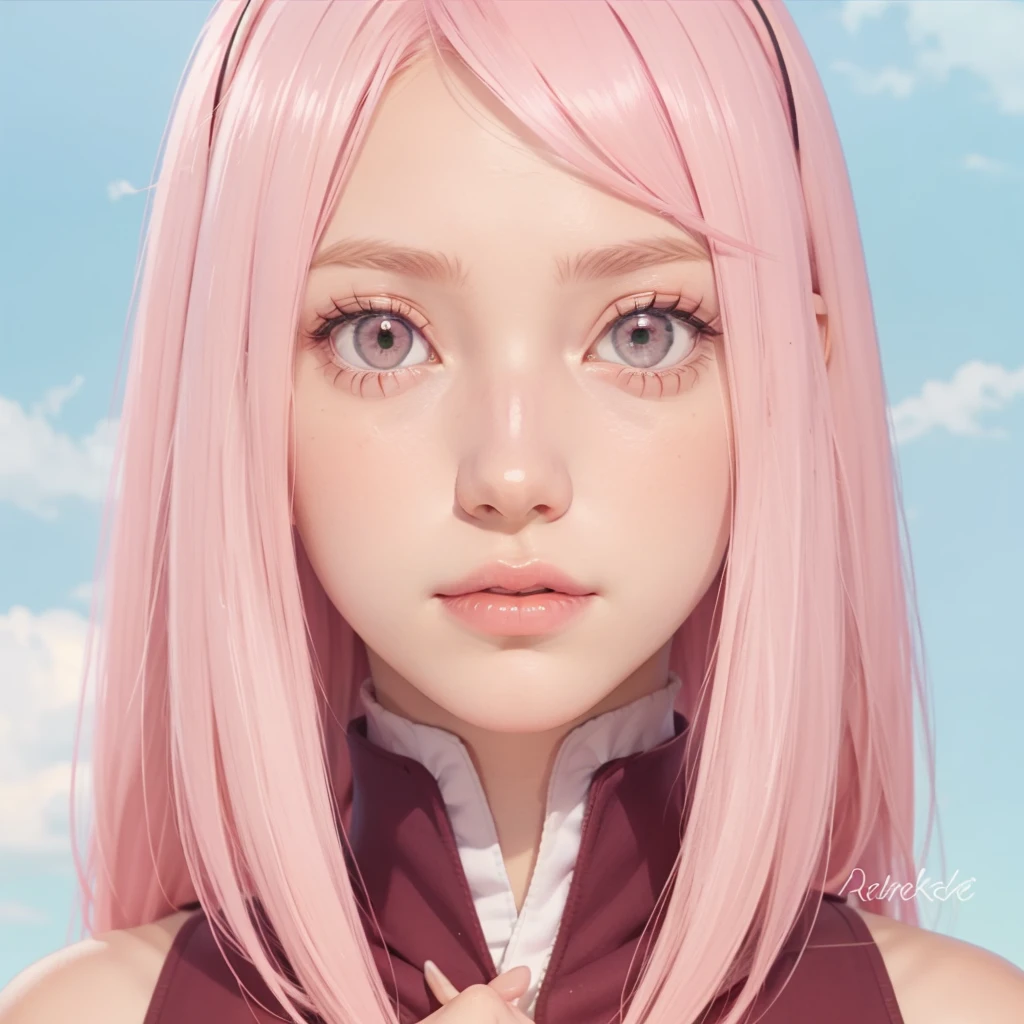 young woman, peach skin, short bubblegum pink hair, wide forehead, green eyes, buttoned nose, big pink lips, slender body, big breasts, red clothes, Sakura Haruno, 3d, village