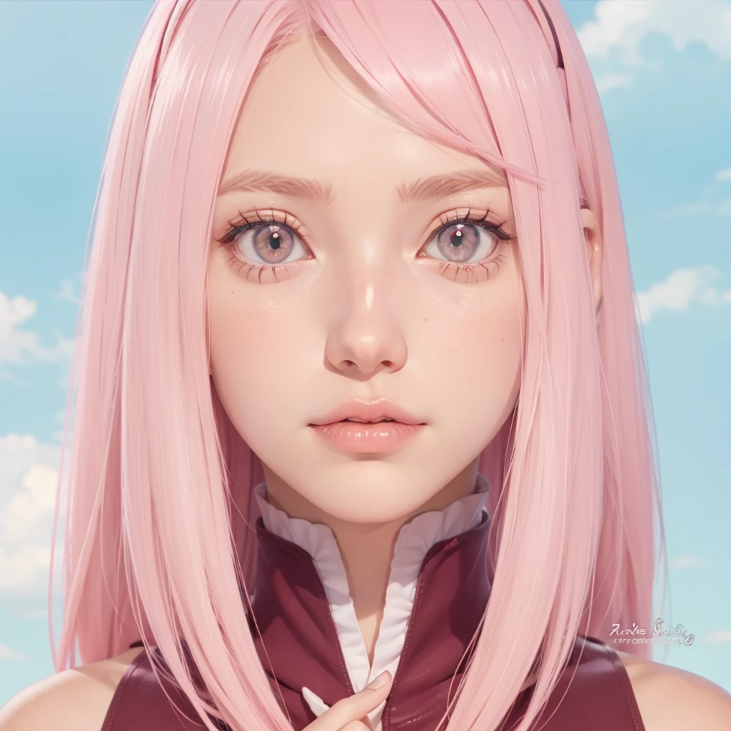 young woman, peach skin, short bubblegum pink hair, wide forehead, green eyes, buttoned nose, big pink lips, slender body, big breasts, red clothes, Sakura Haruno, 3d, village