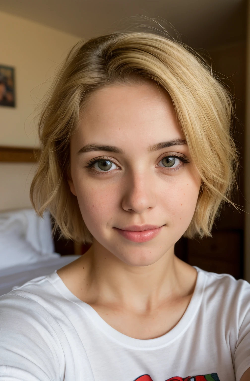realistic photo, a realistic photo of (34 year old) woman wearing a t-shirt, medium short blonde hair, bedroom, selfie (1girl), (extremely detailed CG unity 8k wallpaper), photo of the most beautiful artwork in the world, professional majestic (photography by Steve McCurry), 8k uhd, dslr, soft lighting, high quality, film grain, Fujifilm XT3 sharp focus, f 5.6, High Detail, Sharp focus, dramatic, (looking at viewer:1.2), (detailed pupils:1.3), (natural light), amateur pose, big beasts, smiling