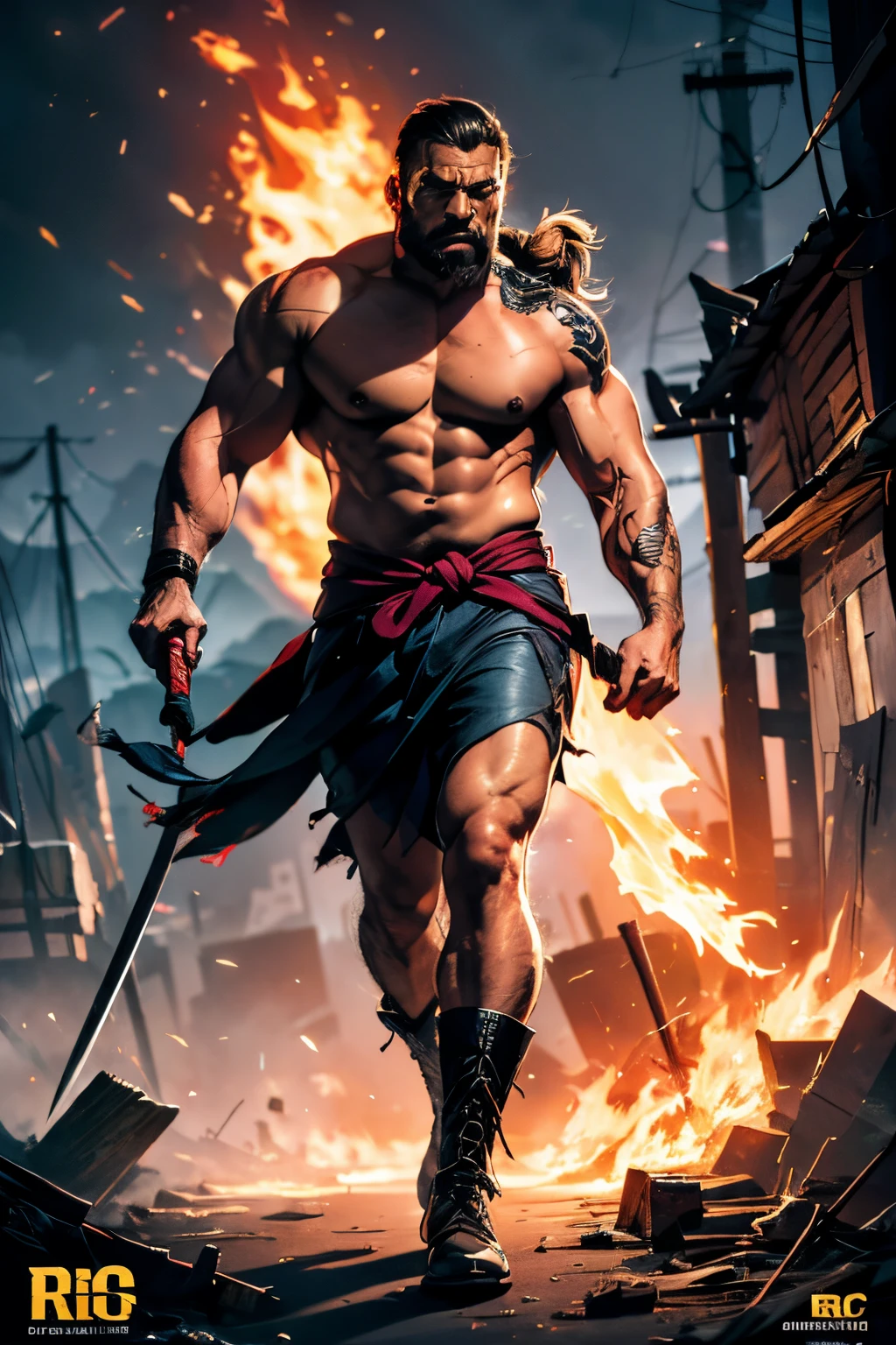 Full body, comic art, 8k, masive musculart full body, body full of veins in relief, splash effect, exuberant samurai warrior, mysterious look, walking forward, furious expression, powerful, thunder, very detailed face, ponytail, rainnig, 8k, white bearskin on the shoulders, fitness body, six pack abs, biker boots, foreshortening in perspective, yonder hair, at cluttered and messy shack, action shot, action pose, profile angle, tattered torn shirt, swords hanging from the waist, an ax behind the back, tattoo on arm, golden armour, porcelain skin, long hair, big, skin pores, detailed intricate iris, heavy shadows, detailed, photo realistic, realistic, dramatic, . cinematic, wide angle. humid climate, photorealistic, heavenly beauty, style of laurie greasley, esad rbic, travis charest, yanick paquette, trending pixiv fanbox, vibrant colors, acrylic palette knife, deviantart, trending on artstation, low details, fire and brimstone background, 4 k, trending on artstation,
