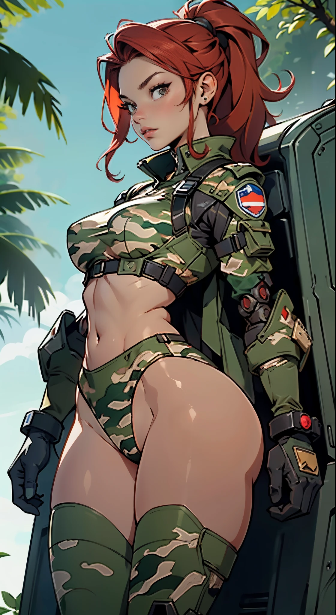 1woman 20 years old, max resolution, crisp lines, sculpted, military, wearing a soldier helmet, beautiful, perfect body, red hair, perfect body, thin waist, wide hips, large breasts, slim thighs, jungle background, armored vehicle, flying fighters, military robot dog, camouflaged uniform, tight panties, two-piece, head to toe, highly detailed, high resolution, perfect hands, rear view, backside, camo, turning around to see the viewer