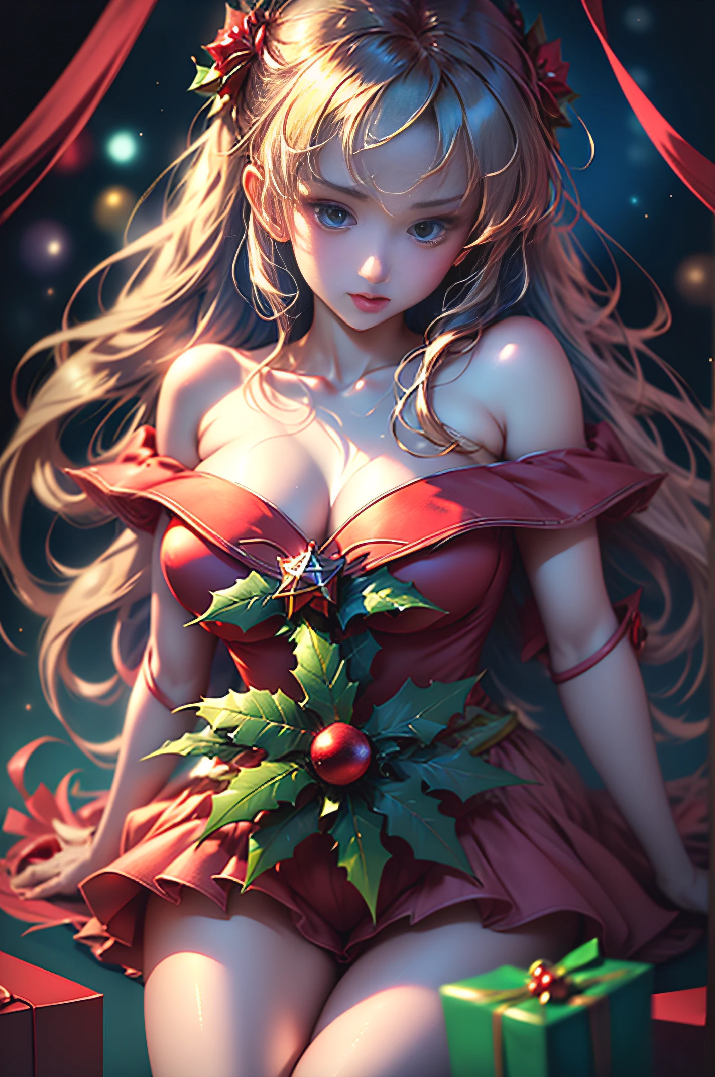 There is a woman sitting at a table with plants in the background, Young Pretty Gravure Idol, Young Sensual Gravure Idol, narumi kakinouchi, chiho, anaglyph effect ayami kojima, Young Gravure Idol, (best qualtiy,ultra-detailliert,realist:1.37),woman in a short red dress, beatiful detailed eyes, Beautiful detail lips, long Brond Hair. Happy and excited face, Red shorts, holding a blue christmas present, Expressive poses, Artistic lighting, sportrait, contrasted colors, dynamic compositions, Colorful background with Christmas decorations, Like a Christmas tree with lights and presents under it., (full bodyesbian:1.5)
