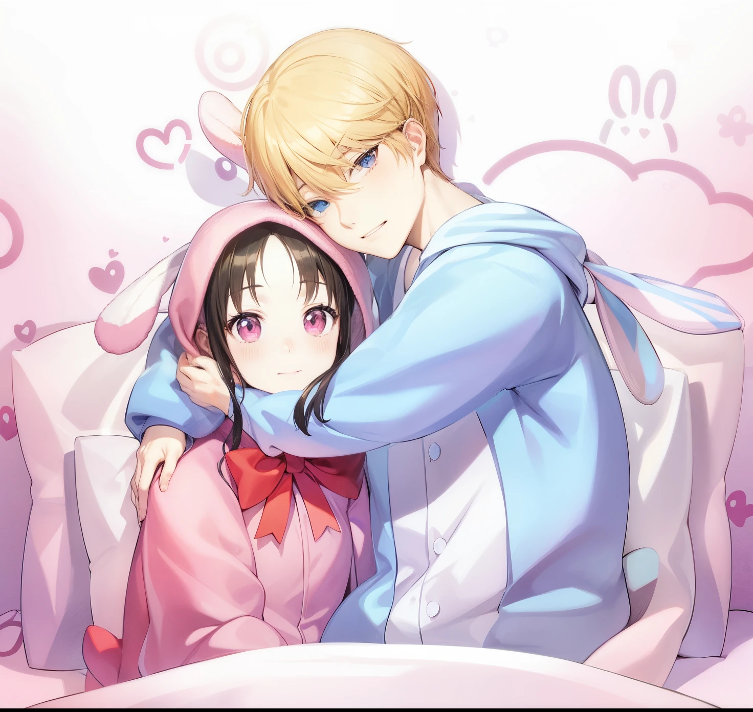 anime couple in bed with pink blanket and hearts in background, shoujo romance, cute anime, official fanart, shoujo manga, top rated on pixiv, soft anime, high quality fanart, Kaguya shinomiya and Miyuki shirogane. Guy on the right has blonde hair, blue eyes, eyebags, soft smile