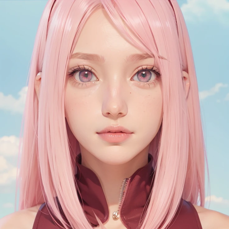 young woman, peach skin, short bubblegum pink hair, wide forehead, green eyes, buttoned nose, big pink lips, slender body, big breasts, red clothes, Sakura Haruno, 3d, village