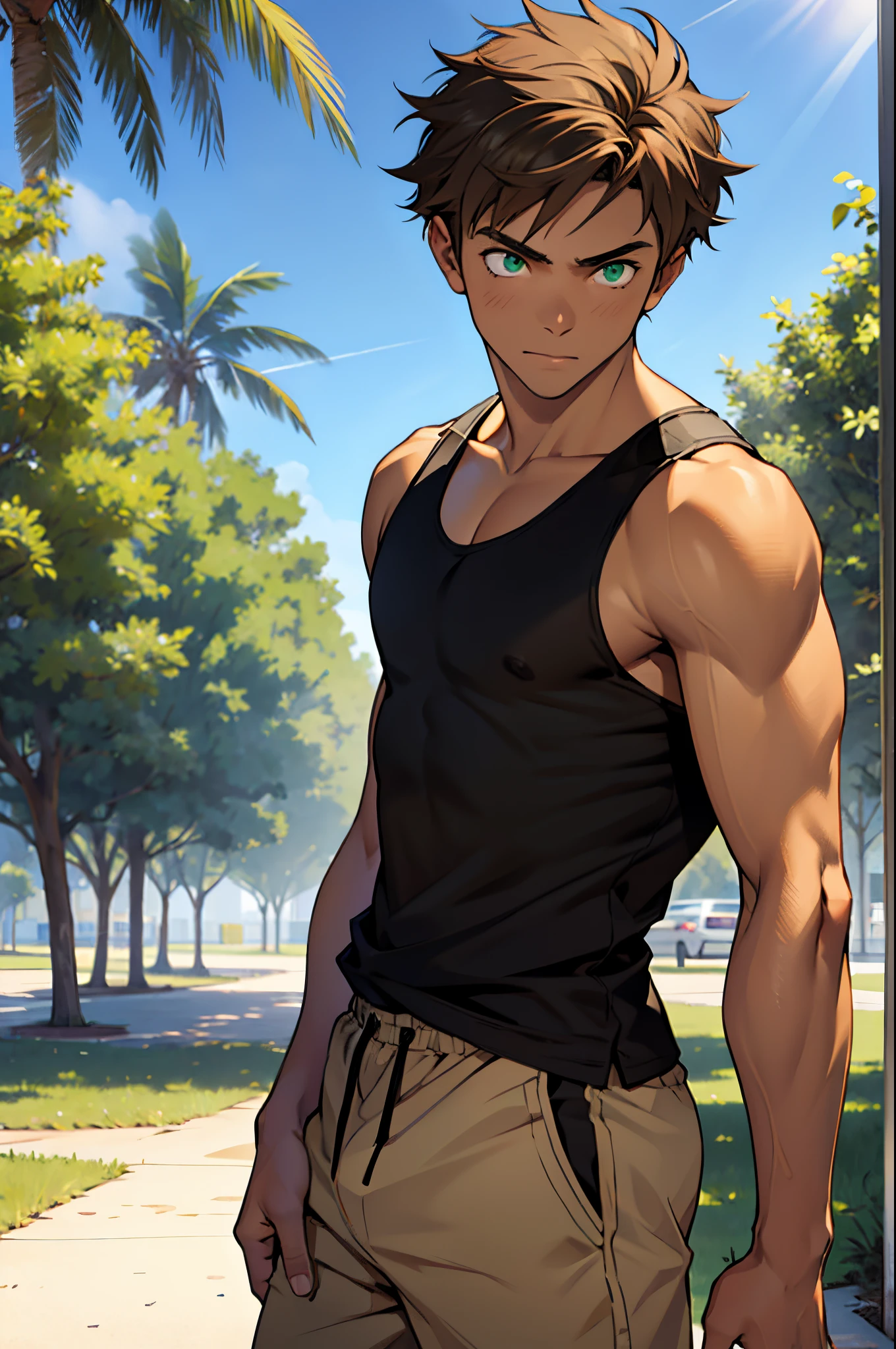 young male, 18 years old, tanned skin, light brown hair, green eyes, black tank top, white underwear. in the park