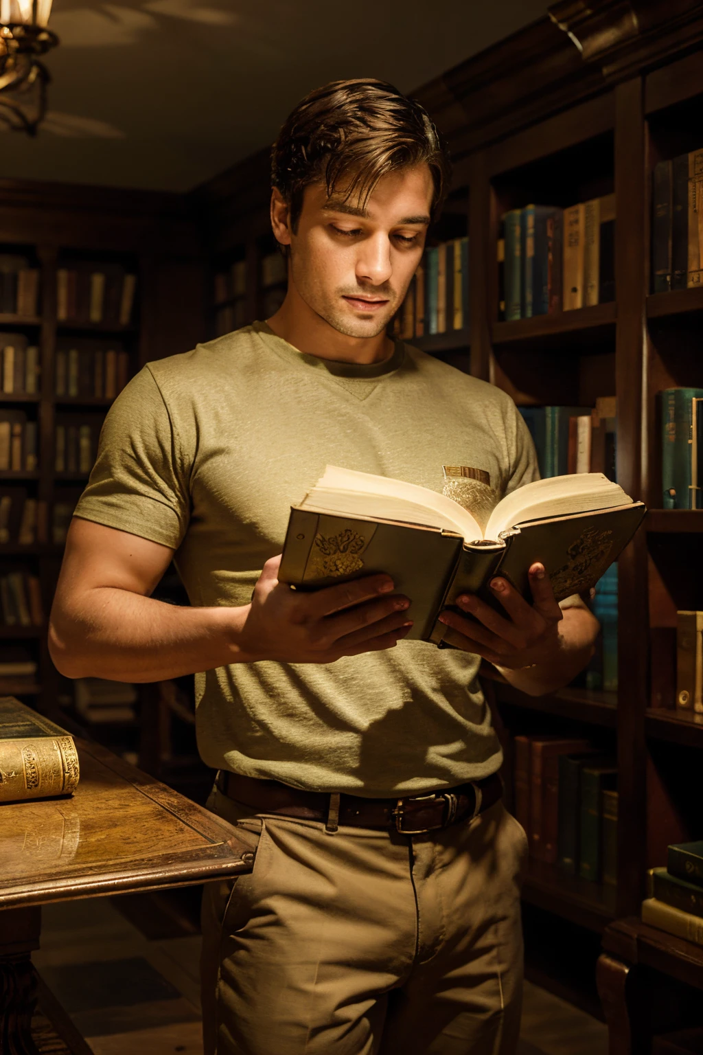 Inside Enchanted, Magical Library, A handsome, Standing Man, looking down at gold book,turning the pages of a glowing book, wearing khaki pants and Teeshirt, glowing books, Magical, sparkling walls, Detailed details,depth of fields,