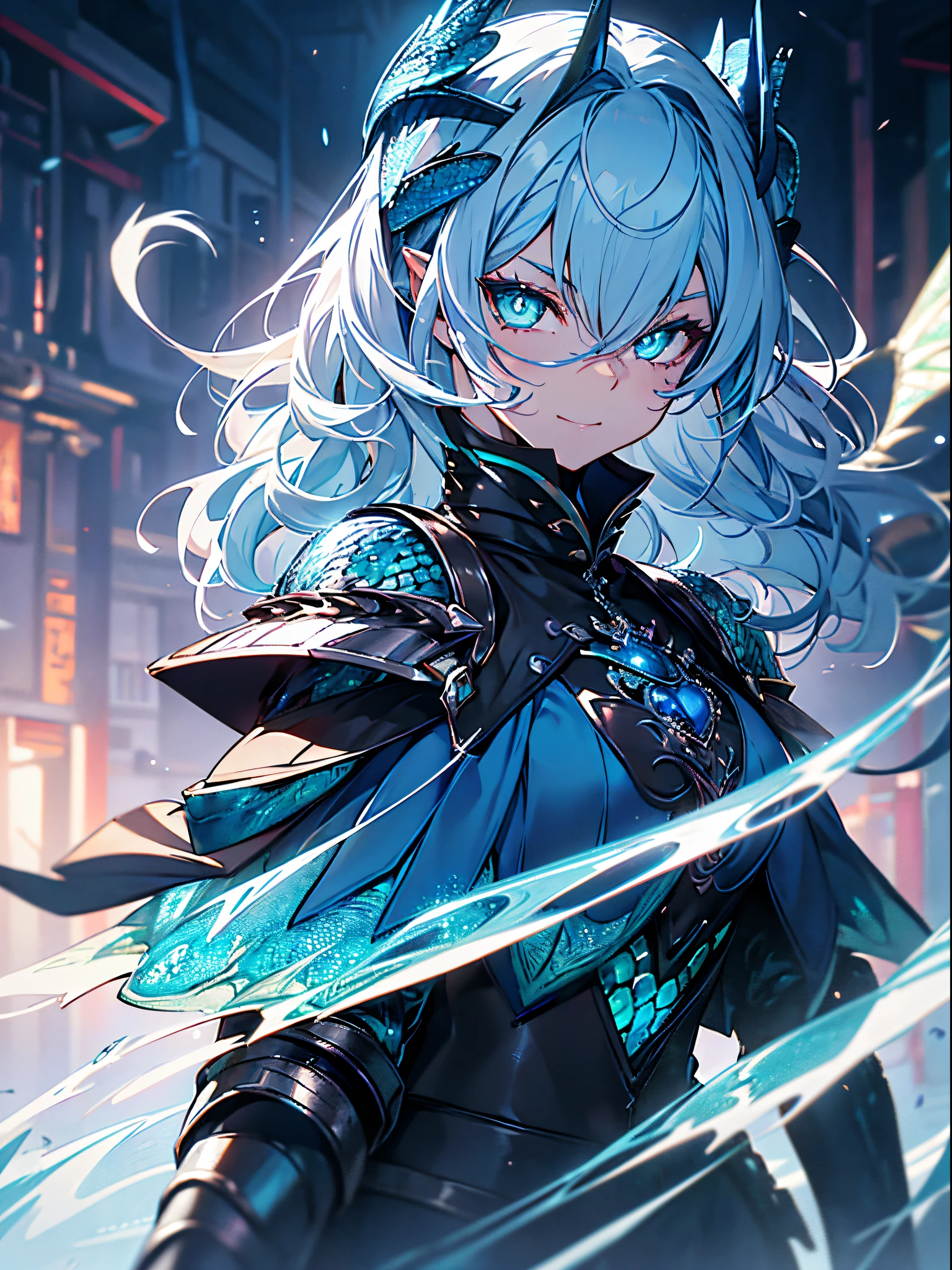 With white hair and Blue eyes,beautiful as a fairy,A lovable and happy expression that stirs affection,side face,floating hair,light particles,glare,vivid,fancy,dreamlike, ((Dragon Girl)) ((Blue Horns)) ((Dark Fantasy)) ((Elden Ring)) (((Blue Dragon Scales Armor))) (((Lizard Eyes)))