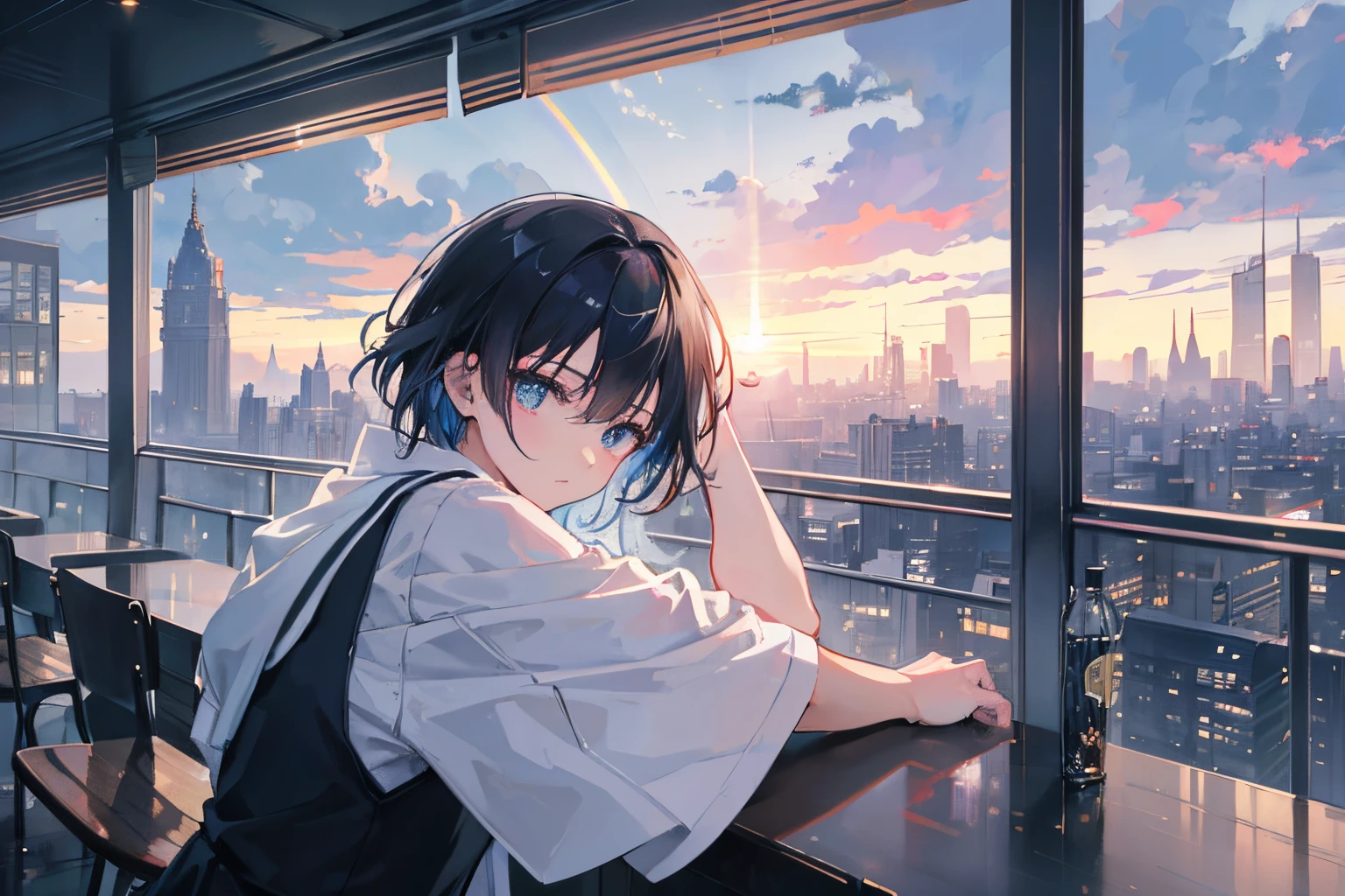 Create exquisite illustrations reminiscent of Makoto Shinkai's style, It has ultra-fine details and top-notch quality. Create a high-quality illustration of a breathtaking scene where the rain has ceased, leaving behind a fantastical rainbow stretching across the entire sky. Envision a young boy or girl gazing up at this mesmerizing display. Infuse the entire artwork with an ethereal and intricate atmosphere, ensuring meticulous attention to detail. The goal is to capture the magical moment when the sky transforms into a canvas of colors after the rain, evoking a sense of wonder and awe