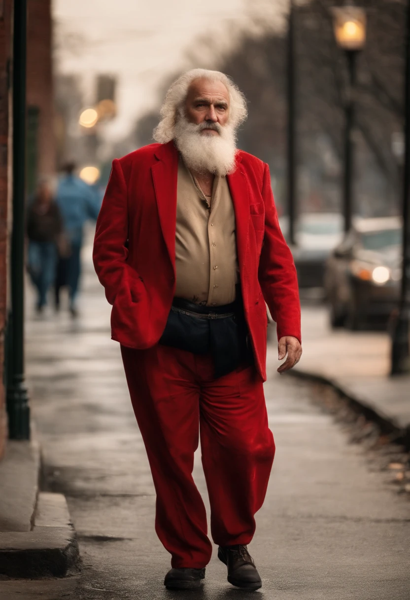 A photo of Bad Santa standing on a dimly lit street, cigarette in hand, lost in thought.,original,His iconic red suit, now disheveled and stained, reflects a life marred by neglect and vice. The once neatly-groomed white beard is unkempt, and his eyes, historically a source of merry twinkle, are bloodshot and weary. The robust and cheerful figure we know is replaced by a more haggard and careworn man, who carries the weight of his struggles visibly.