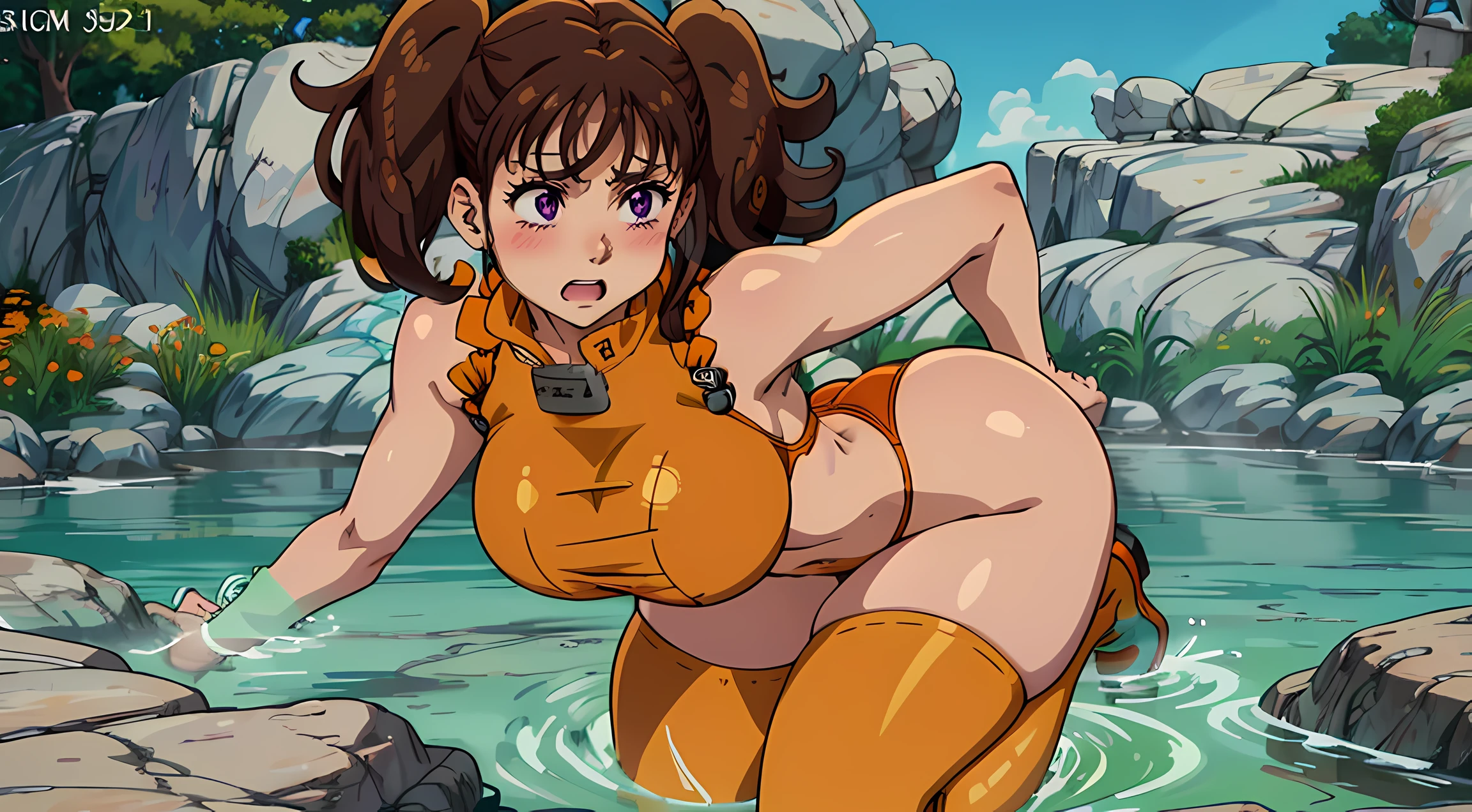 Diane (seven deadly sins), in an orange bikini with thigh highs(orange), hot spring, pigtails to her shoulders with big boobs, cute, sexy, erotic, hentai, full body to her ancles, single, light brown hair, purple hair, calm