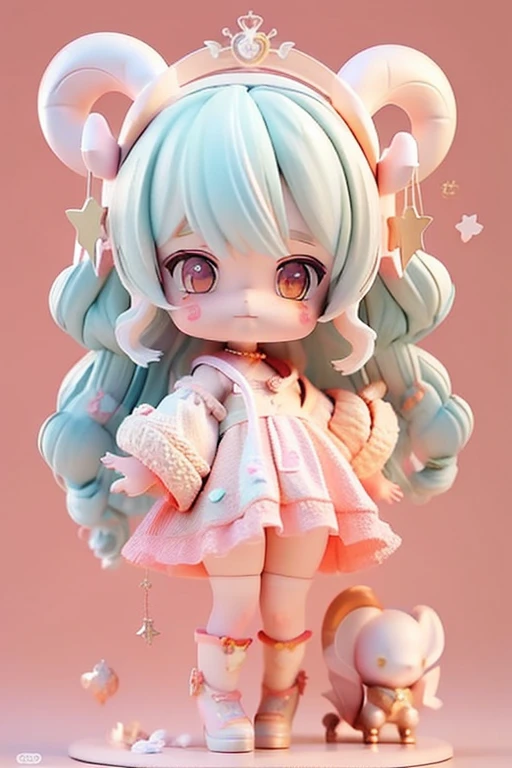 (Same character, front, side, back), (full body); 3d; cute; 3d toy art; anime style; glitter; horoscope sign Aries; Ram details; ♈ symbol;