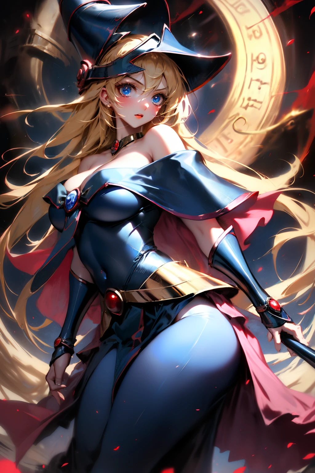 Dark magician gils, retrato, derriere, ojos azules. Cabello rubio y extra largo. Labios rojos. Traje de Navidad, sonriente, sexy. Fondo de nieves en la cuidad.