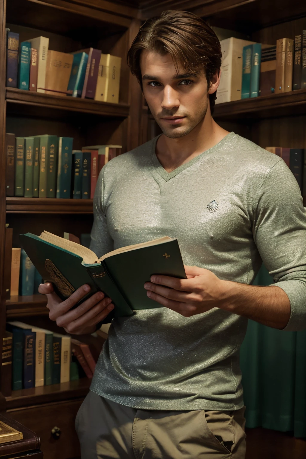 (Inside Enchanted Magical Library, A Handsome Man sexy, mysterious, man, Very beautiful, perfect face, perfect eyes,Looking at a book on the shelf, a—a figure dressed in a tee and a khaki pants, Very attractive, shimmering, glowing books, Magical, sparkling walls, Detailed details,depth of fields, looking at a book on the shelf