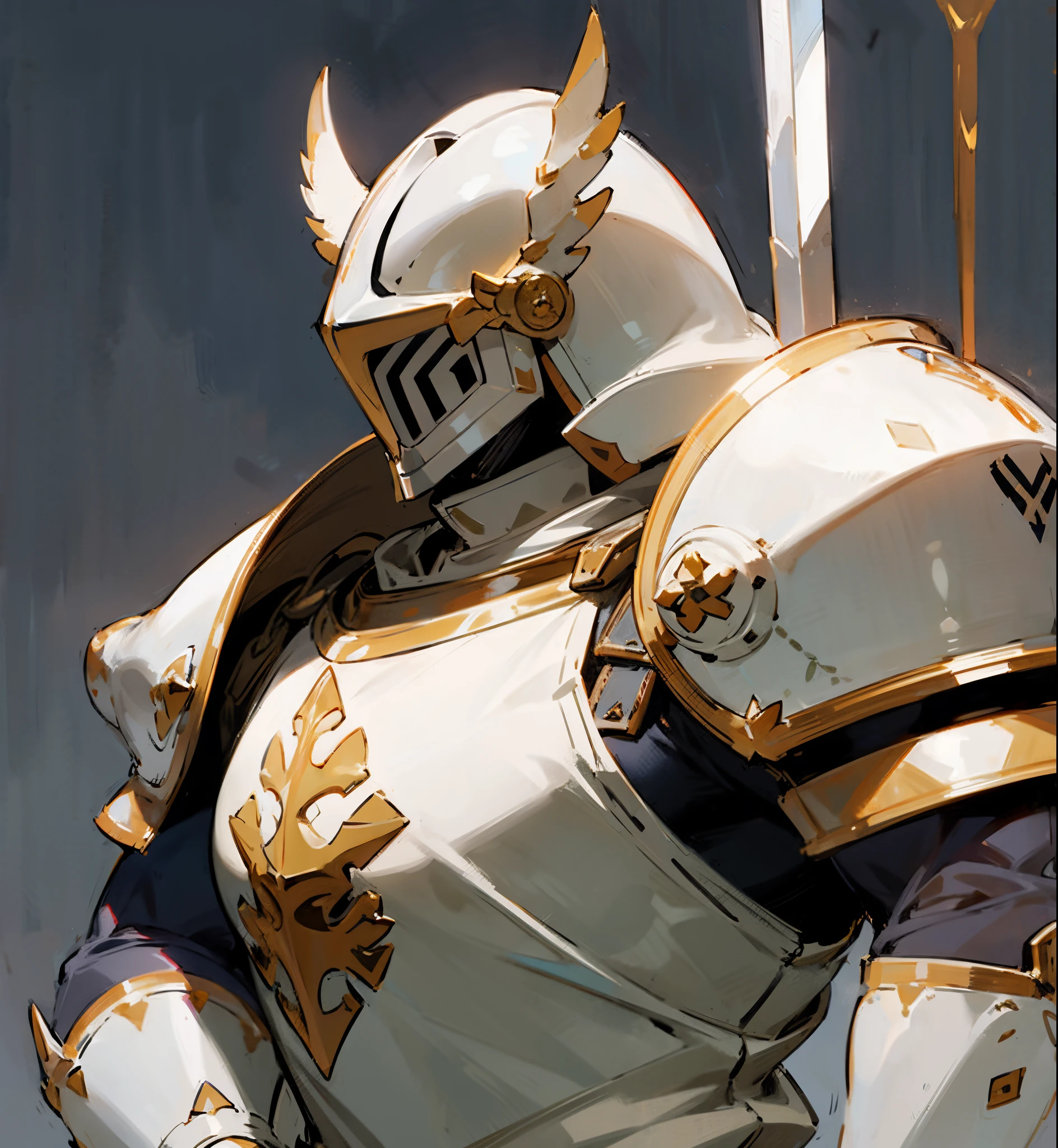 large breasts, there is a woman in a white and gold armor holding a sword, heavy white and golden armor, intricate white and gold armor, gold paladin, ornate white and gold armour, the golden cat armor knight, krenzcushart, glossy white armor, holy paladin, white armor, detailed white armor, inspired by Krenz Cushart, fantasy paladin