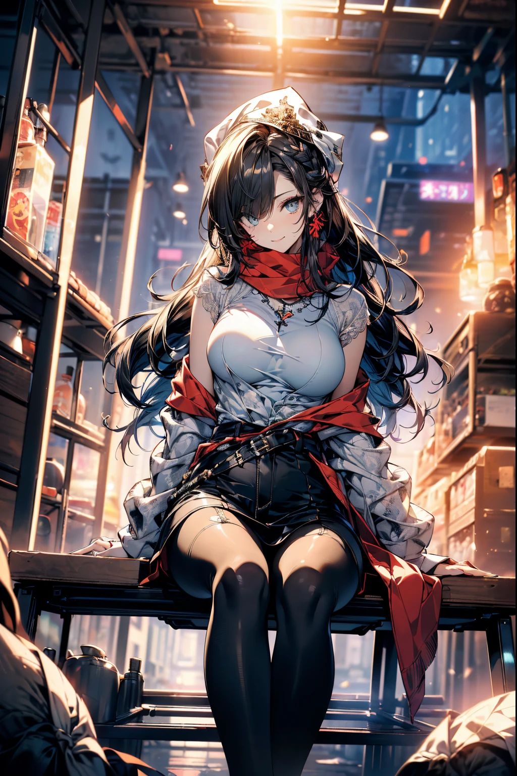 (Cinema image board:1.3), a matured woman with long black hair and a white outfit, (at a rock place in a desert:1.3), (resting in oasis under starly sky:1.2, sitting Indian-styles:1.25, with spreading legs:1.5, opening legs and rising knee:1.5, with cross-legged:1.3, with arm pit, in front of Arabic ruins:1.2), Arabic, (Post apocalyptic:0.2), from arknights, artwork in the style of guweiz, bodyesbian, fine details. girls frontline, beautiful anime illustration, from girls frontline, by Yang J, stunning, 26 years old, (milf:1.3), (solo:1.5), (sfw:1.25), sagging breast, fuge breasts, big tits, thin waist, big ass:1.2, Raised sexy, (dark mahogany medium short hair, updo, hair over one eye, asymmetric hair, Carly hair, low tied braids),(musulman, white Headscarfs, hair bands, head vandage, Turban), (ultra high resolution, 8K RAW photo, photo realistics, thin outline:1.3, clear focus), best qualtiy, natural lighting, textile shading, blurry back ground, field depth, bokeh, (Bright pupils, fine detailed beautiful eyes with highlight:1.3, high detailed face), Red lip, fine realistic skins:1.1, looking down viewers:1.3, (dynamic angle:1.3, front view:1.1, breast focus:1.3, from below:1.2), (dynamic posing:1.5, sexy posing:1.2, leaning forward), (seductive smiling:1.3), centered image, (wearing white long jacket and clothes, wearing white robes:1.3, ((bare breast:1.37)), platinum ornaments, rolling white clothes around waist, camel-brown long leather boots:1.3, translucent lace pantyhose), ((correct anatomy:1.5)), ((outdoor:1.2, in a night:1.3)),