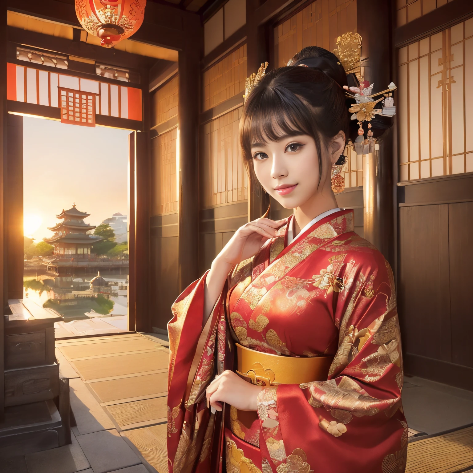 ((top-quality、masutepiece、8K、Top image quality、Very complex and detailed details、A depiction centered on one woman 、very bright and vivid、a high chroma、1 photo))、((1 Princess、empress、Princess of the Heian period、Princess cut hairstyle、Take photos from up close to her、Mainly female close-ups、Detailed her face、Photographing a single woman、stand in the capital、Take a photo of her from the knees up、gorgeous costumes、花魁、Oiran kimono、Gorgeous courtesan costume))、(((Atmosphere of the Heian period、Beautiful Niwa-lacquered pillars、golden palace、Golden decoration、The most luxurious royal palace of the Heian period、Huge and majestic Niwa-lacquered gate、Beautiful and perfect Heiankyo、beautiful and luxurious tiled roof、many luxurious buildings、Lots of buildings、sparkling sunset、Beautiful sunset、Fantastic sunset、Spectacular sunset、Shining sunset、spectacular movie lighting、the most luxurious capital、luxurious and luxurious building、Complete reproduction of the splendid Heian capital、The perfect capital of Heiankyo、luxury city、Japan in the 800s、Townscape of the Heian period、Heian period、Perfect reproduction of Japan、Heian period)))、(View me、Look at viewers、A smile)