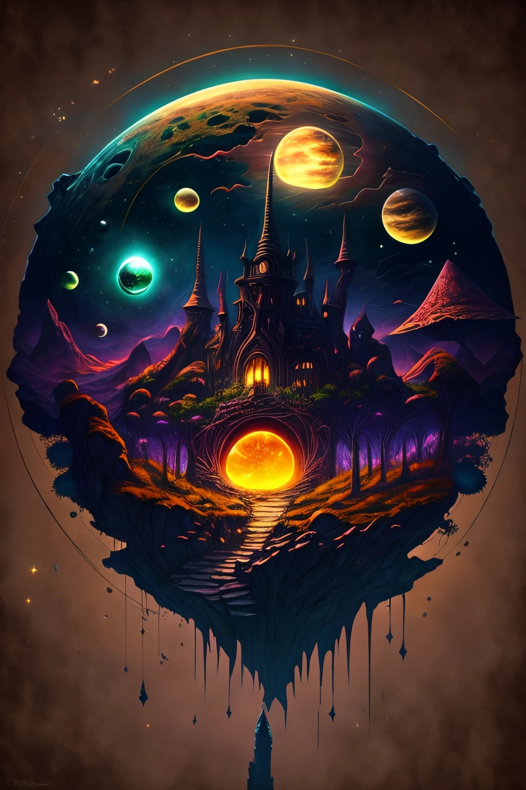 In der Mitte befindet sich ein Planet, Tentakel des Universums, Lovecraft-Inspiration, Lovecrafts kosmische Angst, Lovecraft's hellscape, Fantasy- und Weltraum-Horrorfilme, Lovecraft inspired atmosphere, Lovecraftianer, Planet im offenen Weltraum, keine Menschen