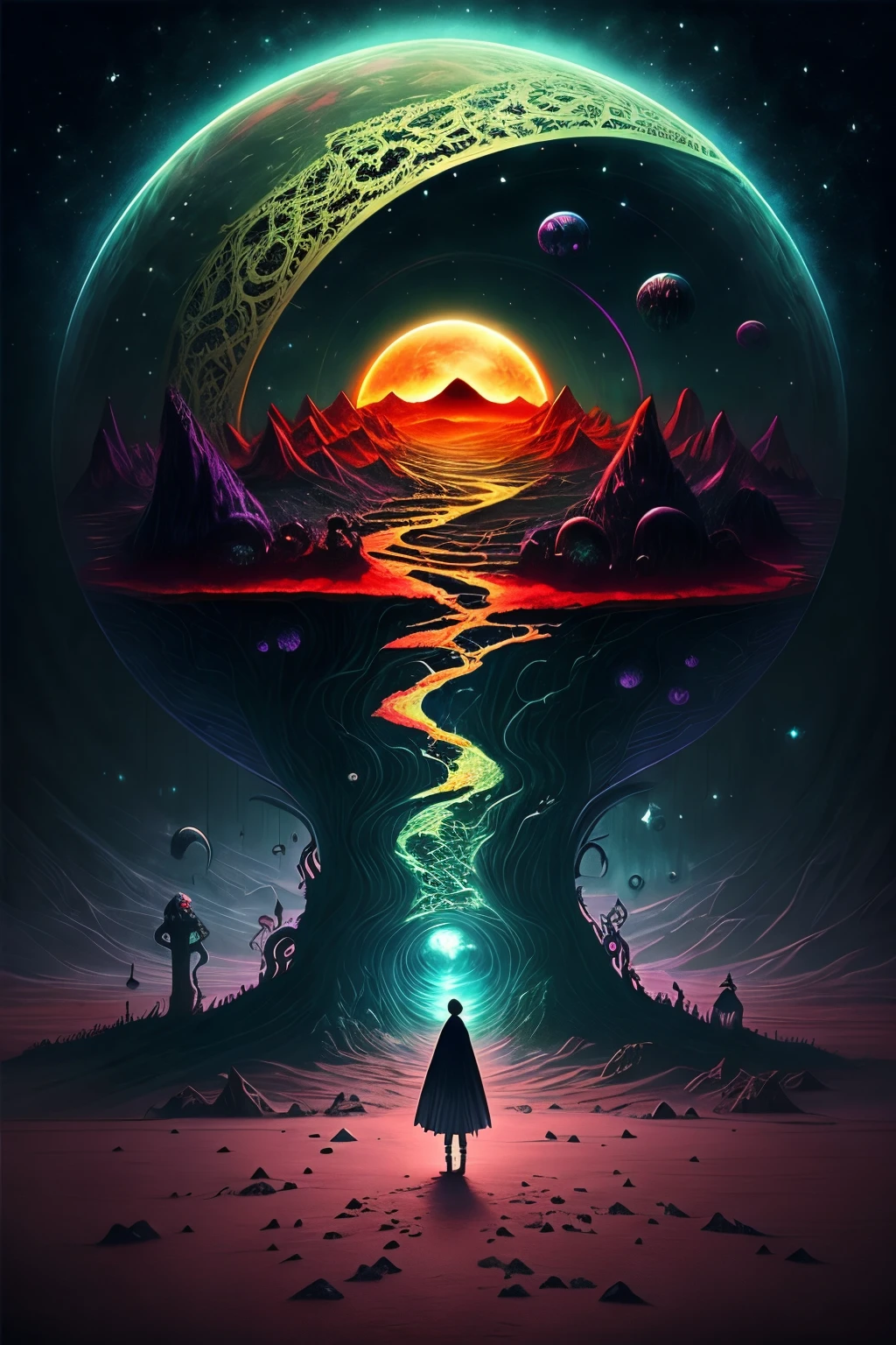 In der Mitte befindet sich ein Planet, Tentakel des Universums, Lovecraft-Inspiration, Lovecrafts kosmische Angst, Lovecraft&#39;s hellscape, Fantasy- und Weltraum-Horrorfilme, Lovecraft inspired atmosphere, Lovecraftianer, Planet im offenen Weltraum, keine Menschen