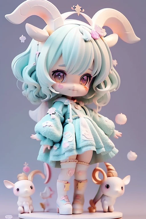 (Same character, front, side, back), (full body); 3d; cute; 3d toy art; toy art; anime style; glitter; horoscope sign Capricornus; Goat details; ♑ symbol