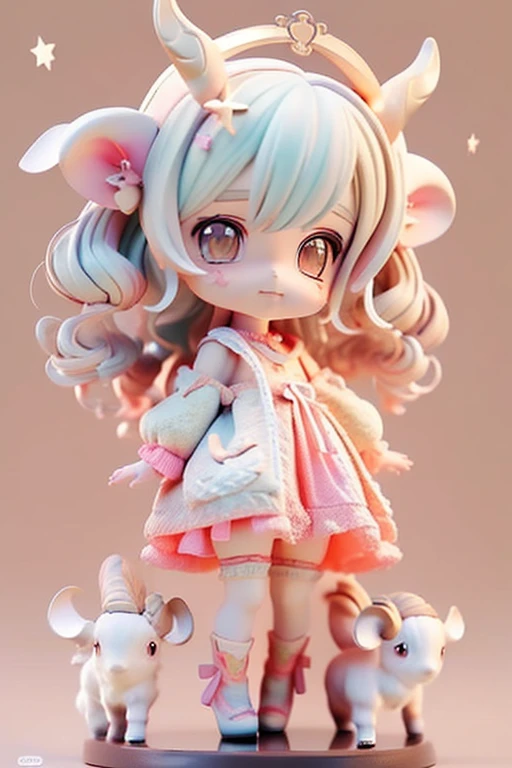 (Same character, front, side, back), (full body); 3d; cute; 3d toy art; toy art; anime style; glitter; horoscope sign Capricornus; Goat details; ♑ symbol