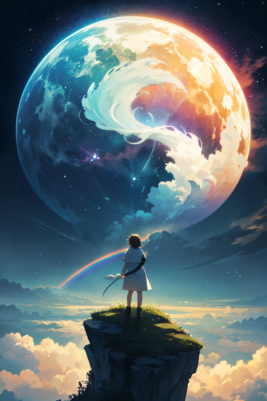 Create a high-quality illustration of a breathtaking scene where the rain has ceased, leaving behind a fantastical rainbow stretching across the entire sky. Envision a young boy or girl gazing up at this mesmerizing display. Infuse the entire artwork with an ethereal and intricate atmosphere, ensuring meticulous attention to detail. The goal is to capture the magical moment when the sky transforms into a canvas of colors after the rain, evoking a sense of wonder and awe