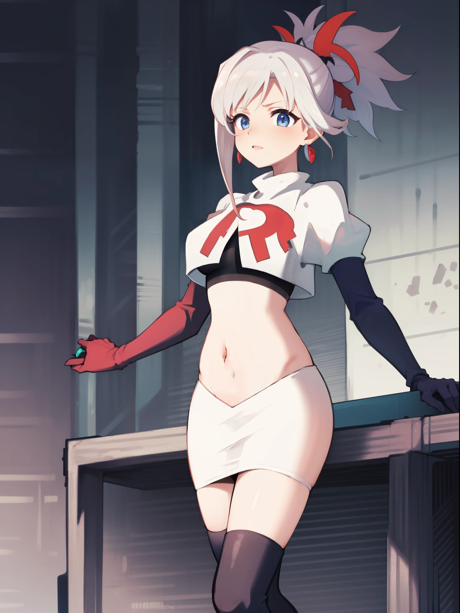 miyamotomusashi, miyamoto musashi, asymmetrical hair, blue eyes, earrings, hair ornament, pink hair, ponytail, sidelocks,team rocket,team rocket uniform,white skirt,crop top,black thigh-high boots,black elbow gloves,