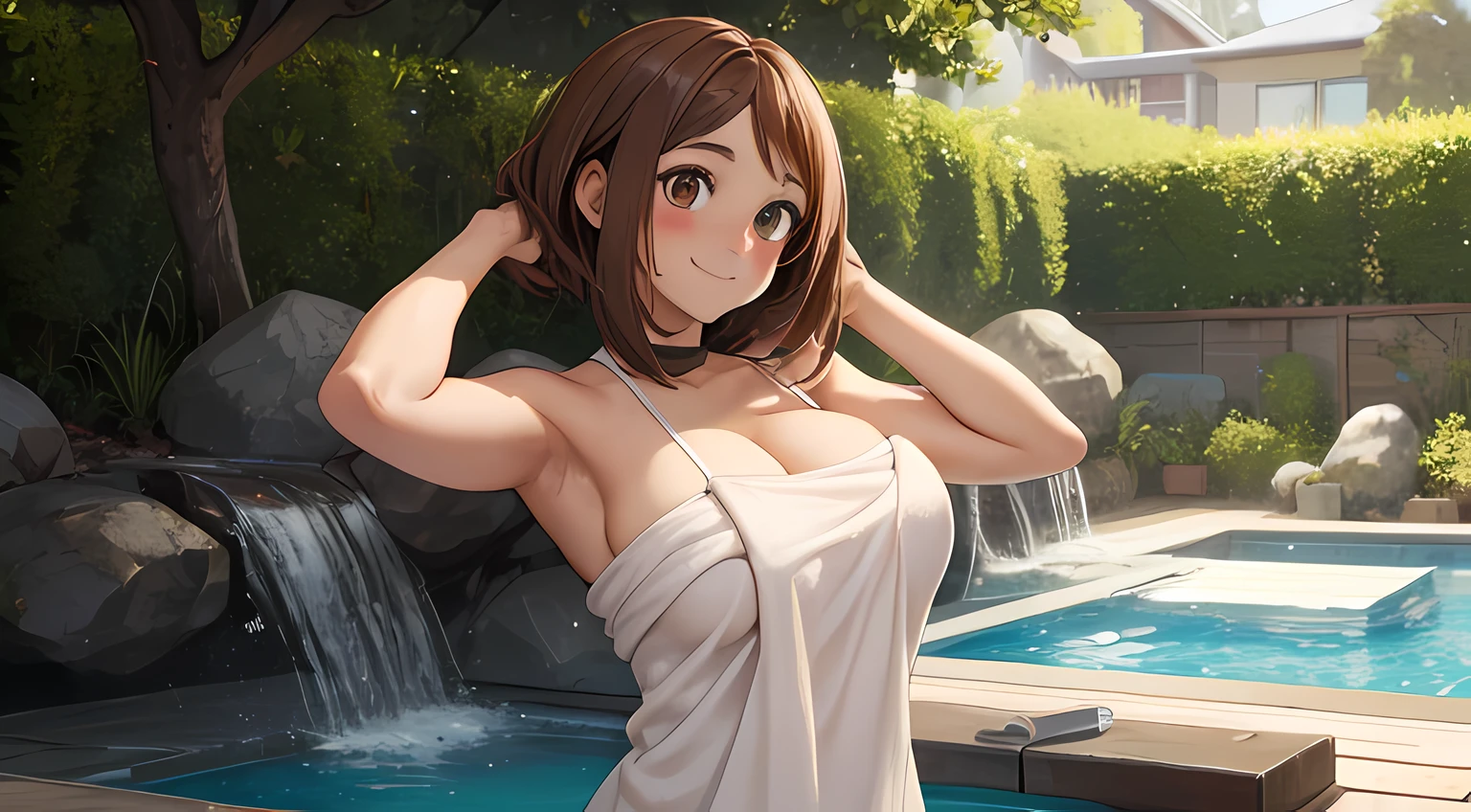 high definition, 8K, detailed face, grabbing her breast, showing her breast, Ochako Uraraka from My Hero Academia, Deep brown eyes, (((breast covered with towel)), spa, (large breasts)), slim and thin, body of equal proportions, ((focus on her breast)), front view, four fingers and 1 thumb, ((2 hands)), Brown hair, Beautiful smile, Smiling at viewer, blushing cheeks,