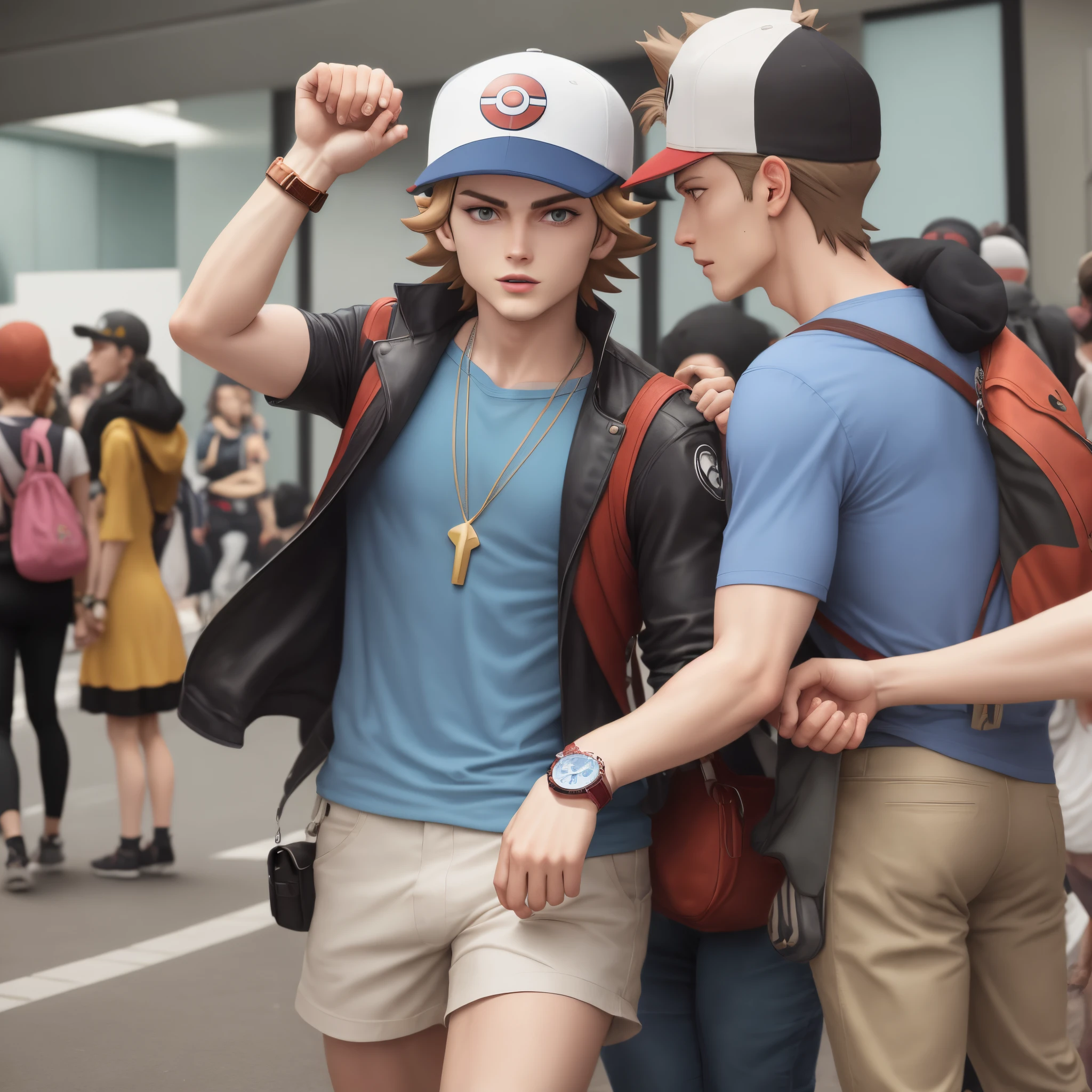 The character Ash from Pokémon wearing a watch and touching it.