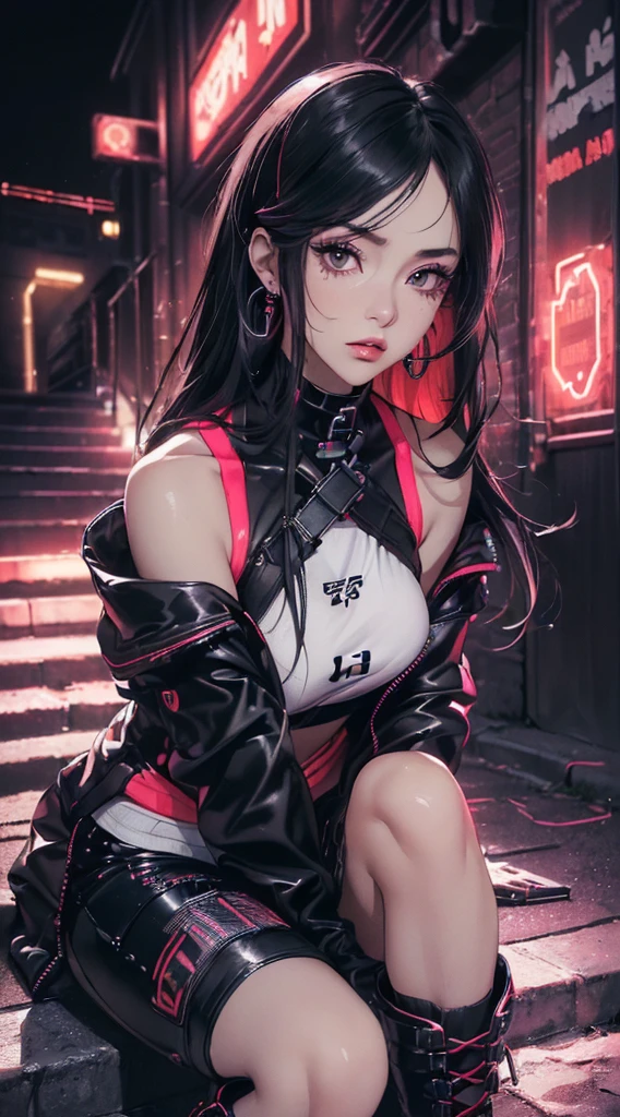 (((8k wallpaper of extremely detailed CG unit:1.2, ​masterpiece, hight resolution:1.2, top-quality:1.2, masutepiece))), ((a very beautiful woman, Street fashion:1.2, cyberpunked, wearing a colorful jacket, wearing boots, Woman sitting on stairs:1.5, foot out of frame:1.5)), ((extra detailed face, Highly detailed black eyes, extra detailed body, Top quality real texture skins)), (A dark-haired, straight haired:1.2, Red Eye Shadow, de pele branca, Small, exposed shoulder), ((Empty alley, Mileland. natta, Neon Street)), high-angle, a closeup, hyper realisitic, digitial painting,