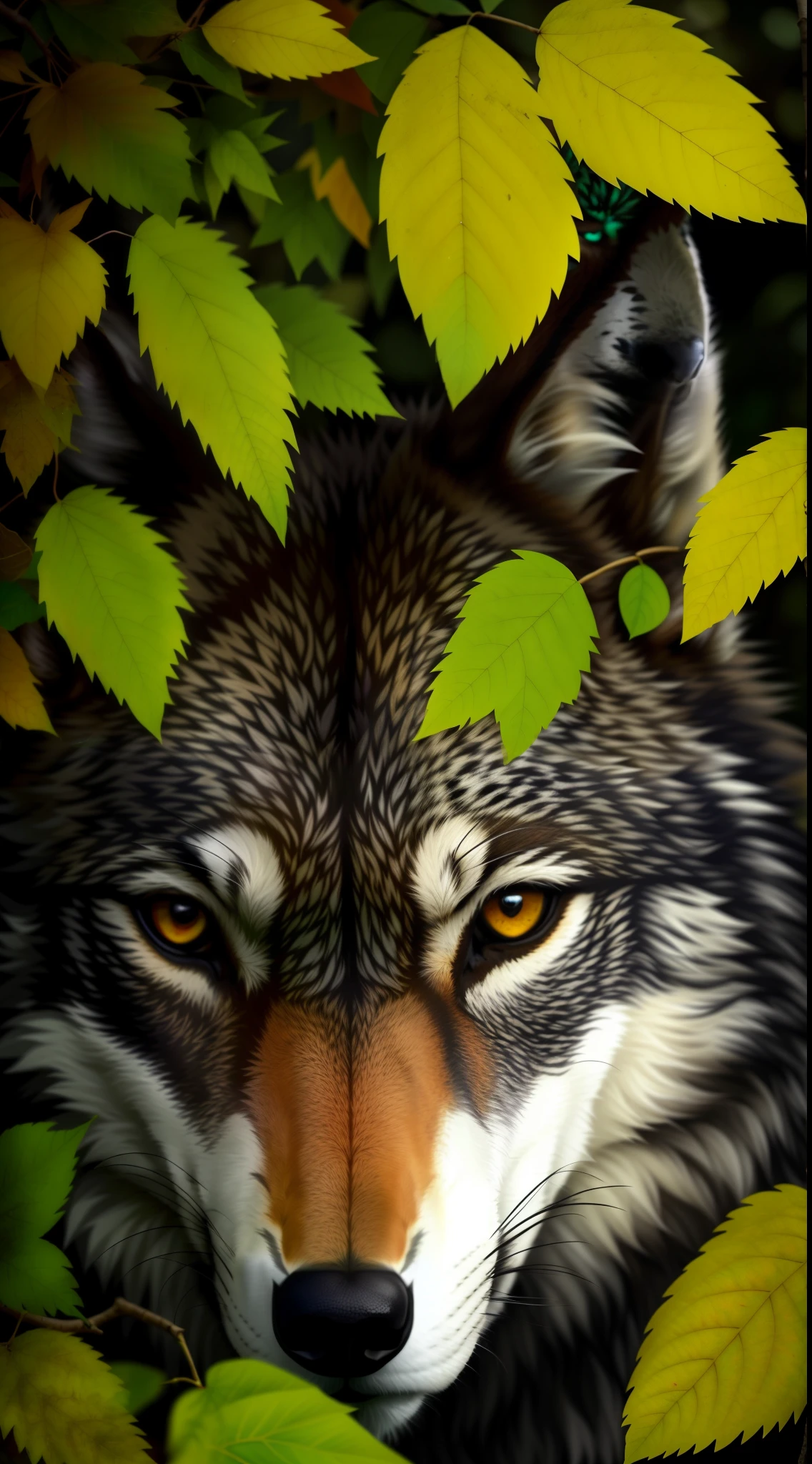 a wolf in the forest with leaves on its head, Ele tem olhos de lobo amarelos, retrato do lobo da fantasia, alto detalhamento), lobo, foto de perfil, grande lobo, Meio Lobo, Lobo cinzento escuro O'Donnell, realistic depiction, imagem do avatar, retrato do lobo, cara de lobo antro, foto de lobo, selvagem, Angielobo, alpha wolf head, wolf head