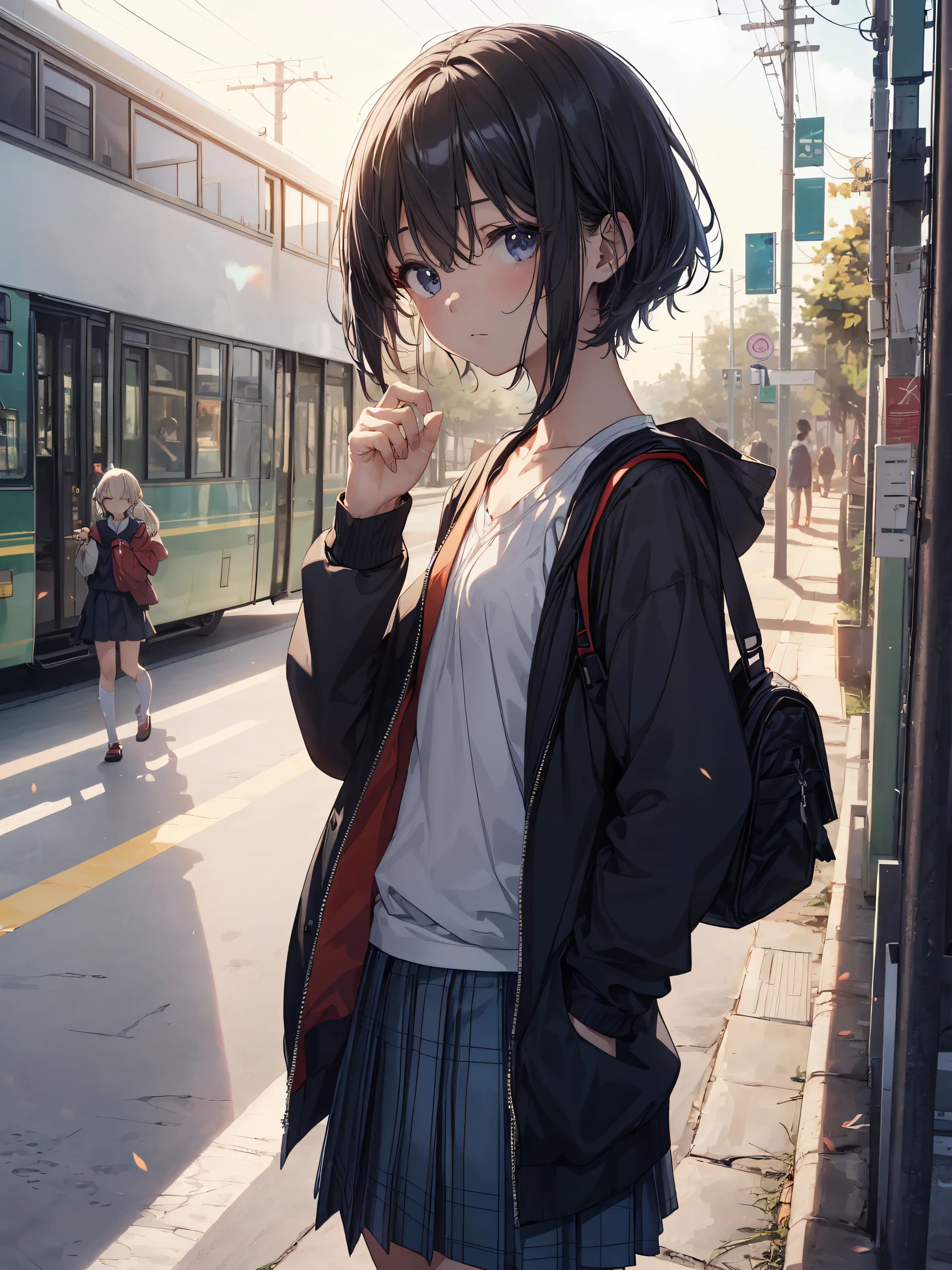 Portrait, Documentary, Photo, A girl is -yeld ger-neutral middle scrt black hair and small chest, walking on the school commute route with a tired expression, Short hair, School uniform, skirt, School commute route, High quality, Realistic, Eye-level shot, Medium shot, side view, Natural lighting, School commute,caustics, break,1girl, (Solo,Loli,child,13-year-old:1.5),a junioh scho stt, angynous char chest, Small butt,Small eyes,beatiful detailed eyes,Beautiful detailed lips,disgusted eye,break,((top quality,ultra-detailed,high resolution,extremely detailed CG, anime, beautiful anime portrait, anime art wallpaper 8k, perfect anatomy, super detailed skin, cinematic lighting,))