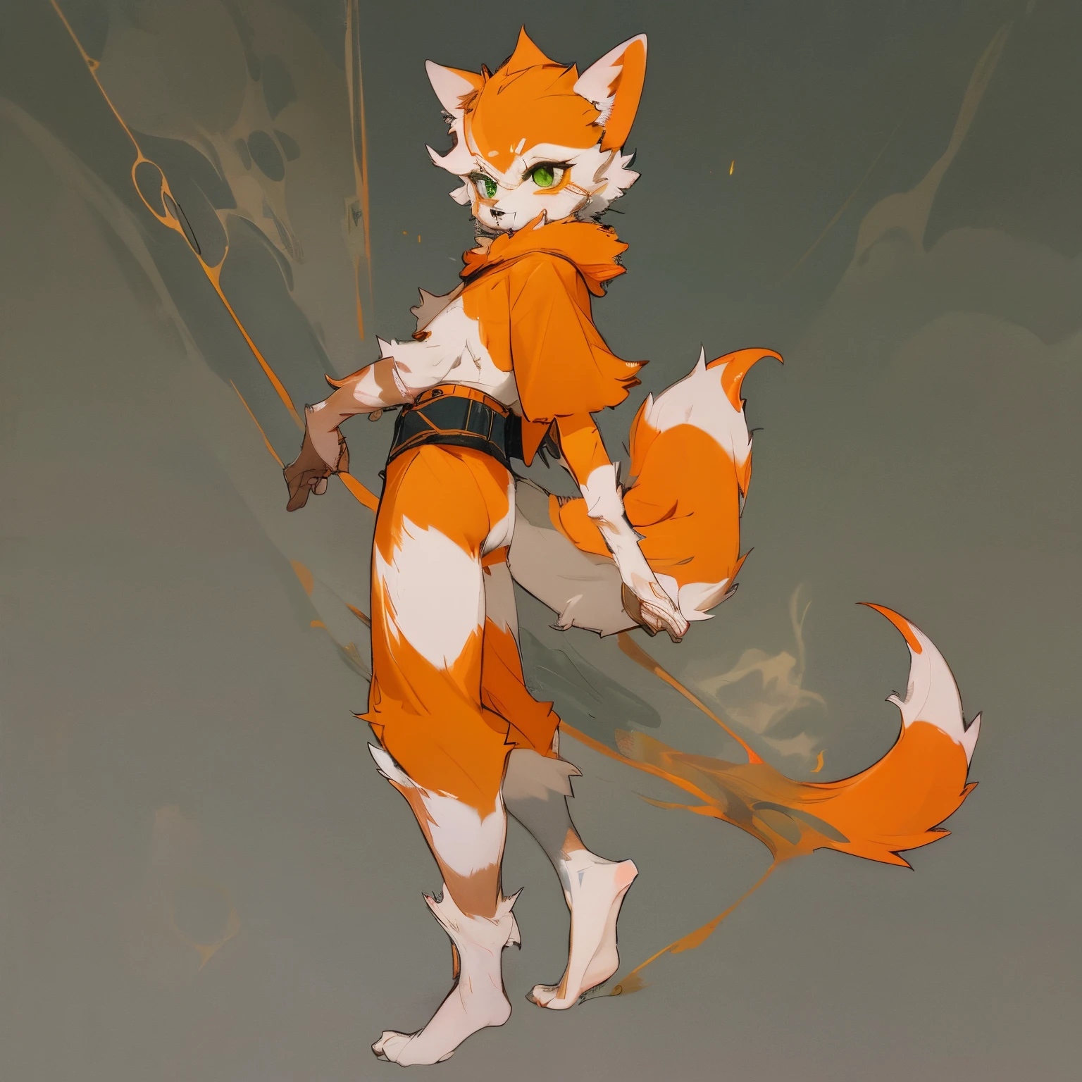 Bright eyes, panorama, character focus solo, furry, furry male fox, male orange fur, green eyes, gray hair (long), bare body, young style, height one meter seven, handsome, has a tail, muscular male