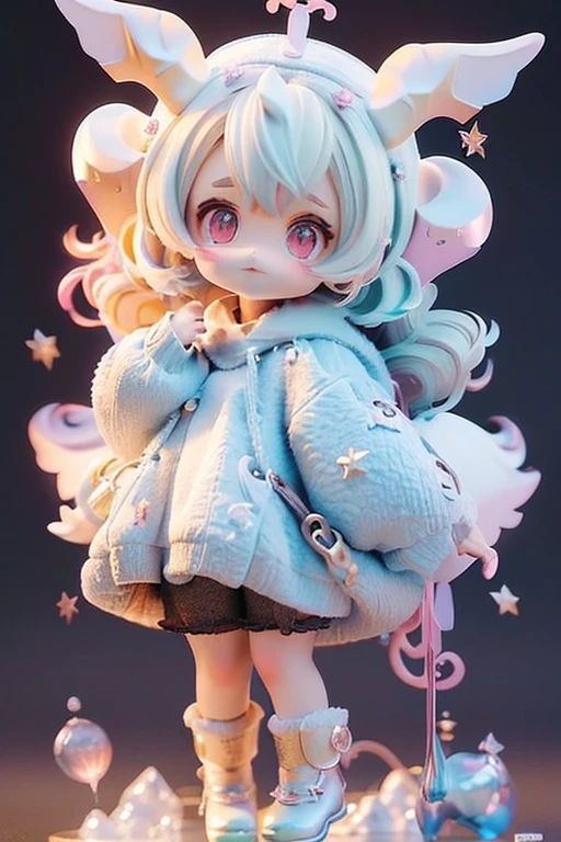 (Same character, front, side, back), (full body); 3d; cute; 3d toy art; anime style; glitter; horoscope sign Aries; Ram details; ♈ symbol;