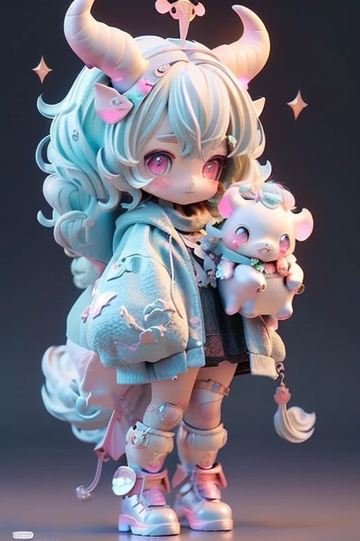 (Same character, front, side, back), (full body); 3d; cute; 3d toy art; toy art; anime style; glitter; horoscope sign Taurus; Bull details; ♉ symbol;