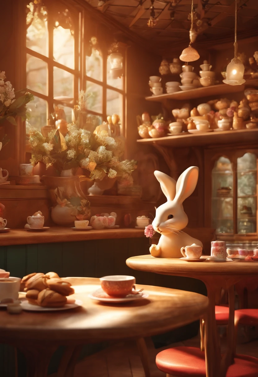 The image is of a beautifully decorated rabbit-themed cafe with rabbit-shaped pastries and lattes.,original,I love rabbit.