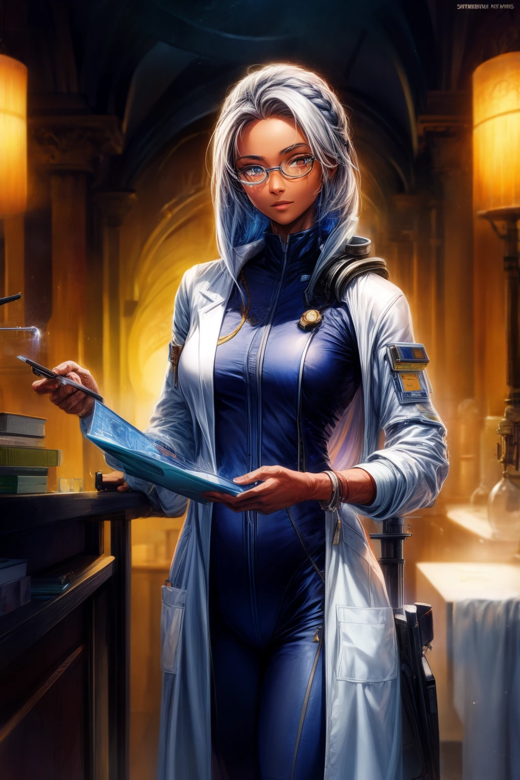 Absurd resolution, A high resolution, Reflectors, refractions:1.4 super detailed:1.0 (illustratio, line drawn), tmasterpiece, Scientist with glasses, whole-length, mtu (European, Arabia, Dark  skin), Ugly, Middle age, aged 40, Coveralls (Polyester, synthetic materials), Tattoos on the head, Scientific uniforms, the scientist, scientific, biologist, technomancer