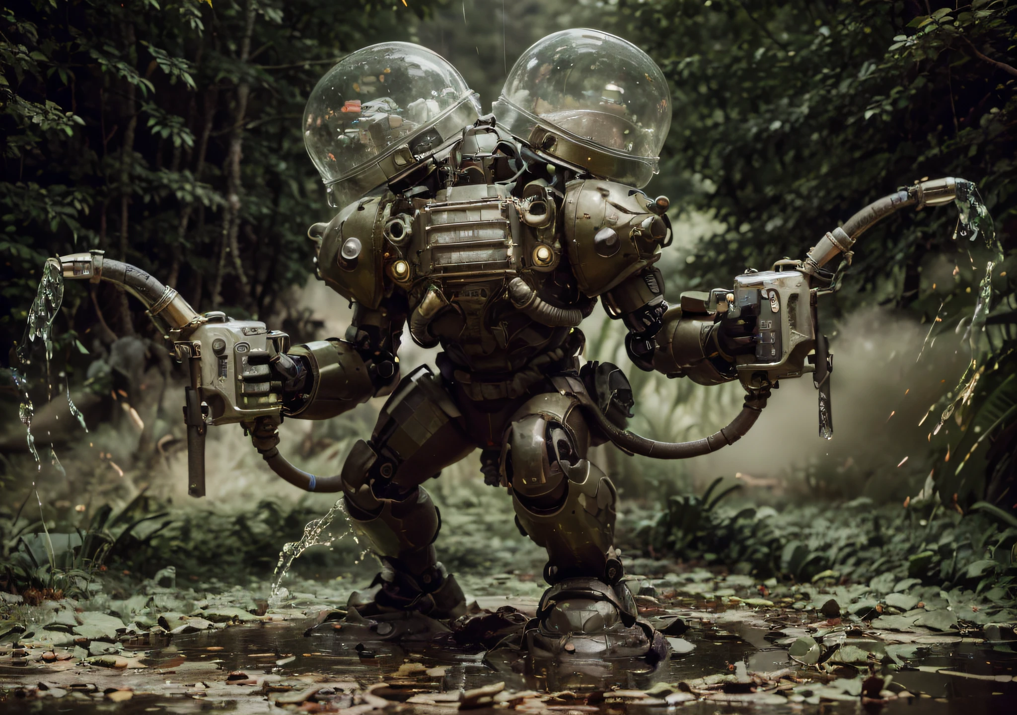 soldier, Robot with Soviet dieselpunk style heavy armor, Soviet symbols, Matte brown metallic armor, Pipes and cables, has tanks with green liquid chemicals on his back, He carries in his hands sprayers that launch green liquid chemicals, he is in an Ultra Detailed jungle, Floor with puddle of liquid chemicals, human corpses, flames is in an ultra-detailed jungle fire, a lot of fire, ultra-realistic, 4k, Ultra detailed image, realistic, Highly detailed, perfect composition, gorgeous, Intricately detailed, incredibly detailed, Art photography 8K, hyper detailed, Masterpiece, Ultra detailed, hyper realistic, 4k, Ultra detailed image, realistic, Highly detailed, perfect composition, beautiful, intricately detailed, incredibly detailed, art photography 8k, hyper detailed, masterpiece