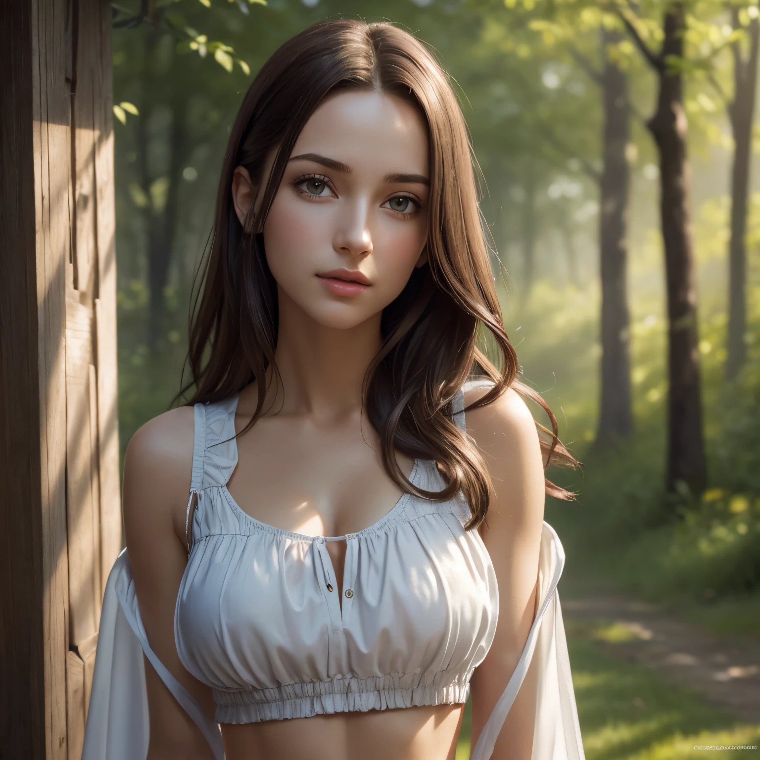 Lara Croft, brown eyes, (best quality, ultra-detailed), (realistic:1.37), beautiful and detailed face, ultra-realistic texture, delicate face, delicate body, red lipstick, bright colors. high definition, 8K,