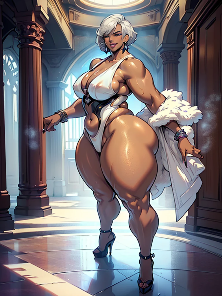 Elaborate CG artwork, (best qualtiy, exquisite detailing, absolute masterpiece), (Head to Toe Image)), ((Full body image)),(dynamicposes),(plus size model)),((White swimwear)), (((mahogany colored dark skin))), ((Short bob cut,Blunt bangs)),(Beautiful mahogany black skin in dynamic pose、Please wear a white swimsuit and high heels),(((Light silver hair))), Detailed beautiful mature face, very detailed beautiful face and eyes, (detailed seductive and sharp eyes), (plump shiny purple lips)), (Purple Eye Shadow), blush, (sadistic seductive smile), (Curvaceous), ( unbelievably huge curvaceous hips), (very huge sensual ass), (ridiculously massive thick thighs), (glittery skin), (wet oily skin), Fingernail Art, Jewelry, Bracelet, hoop earrings