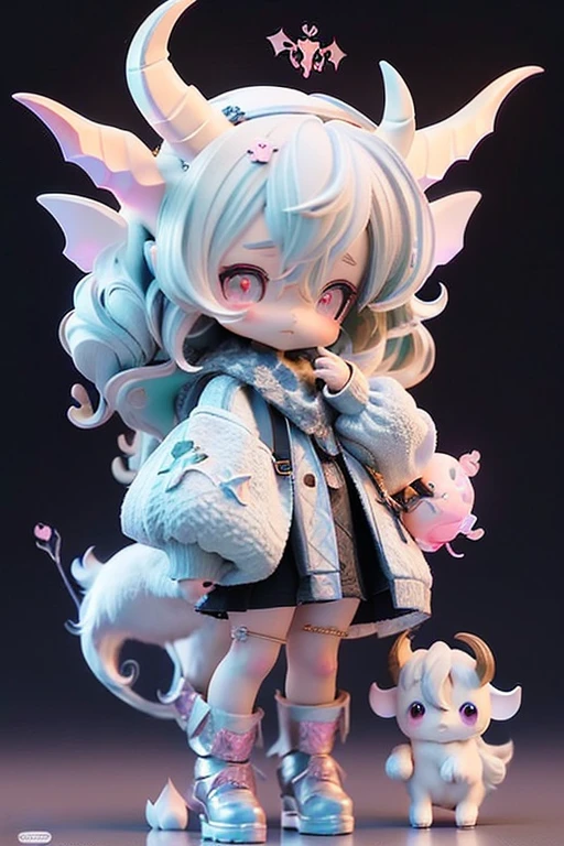 (Same character, front, side, back), (full body); 3d; cute; 3d toy art; toy art; anime style; glitter; horoscope sign Capricornus; Goat details; ♑ symbol