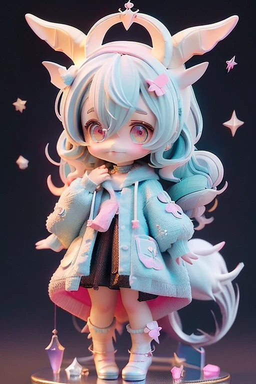 (Same character, front, side, back), (full body); 3d; cute; 3d toy art; toy art; anime style; glitter; horoscope sign Capricornus; Goat details; ♑ symbol