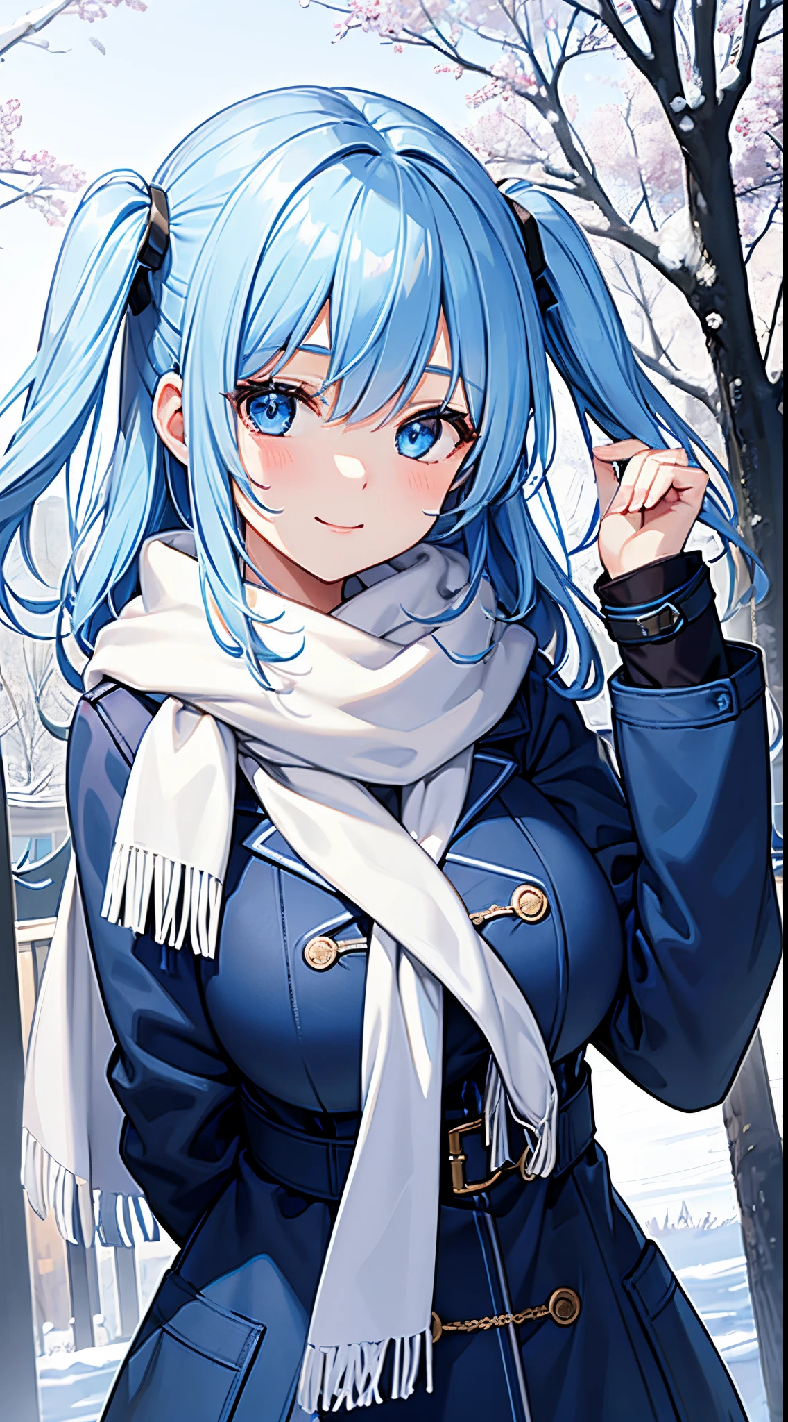 1 girl, game cg, blue winter coat, white winter scarf, gigantic breasts, light blue hair, middle hair, two side up, blue eyes, outside in the park, trees, smile, steam,