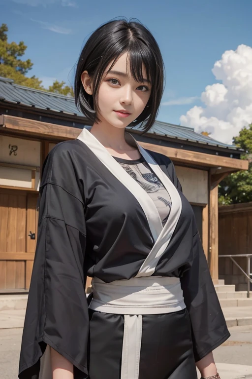 1girl, shizune in anime naruto, short hair, black hair, eyes, smile, beautiful, black clothes, , realistic clothes, detail clothes, outdoor background, ultra detail, realistic