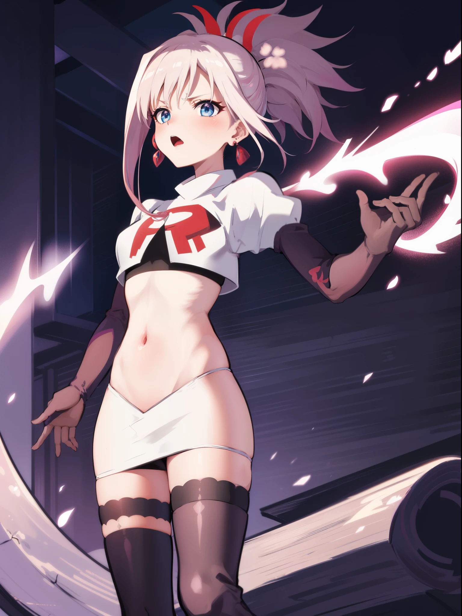 miyamotomusashi, miyamoto musashi, asymmetrical hair, blue eyes, earrings, hair ornament, pink hair, ponytail, sidelocks,team rocket,team rocket uniform,white skirt,crop top,black thigh-high boots,black elbow gloves,