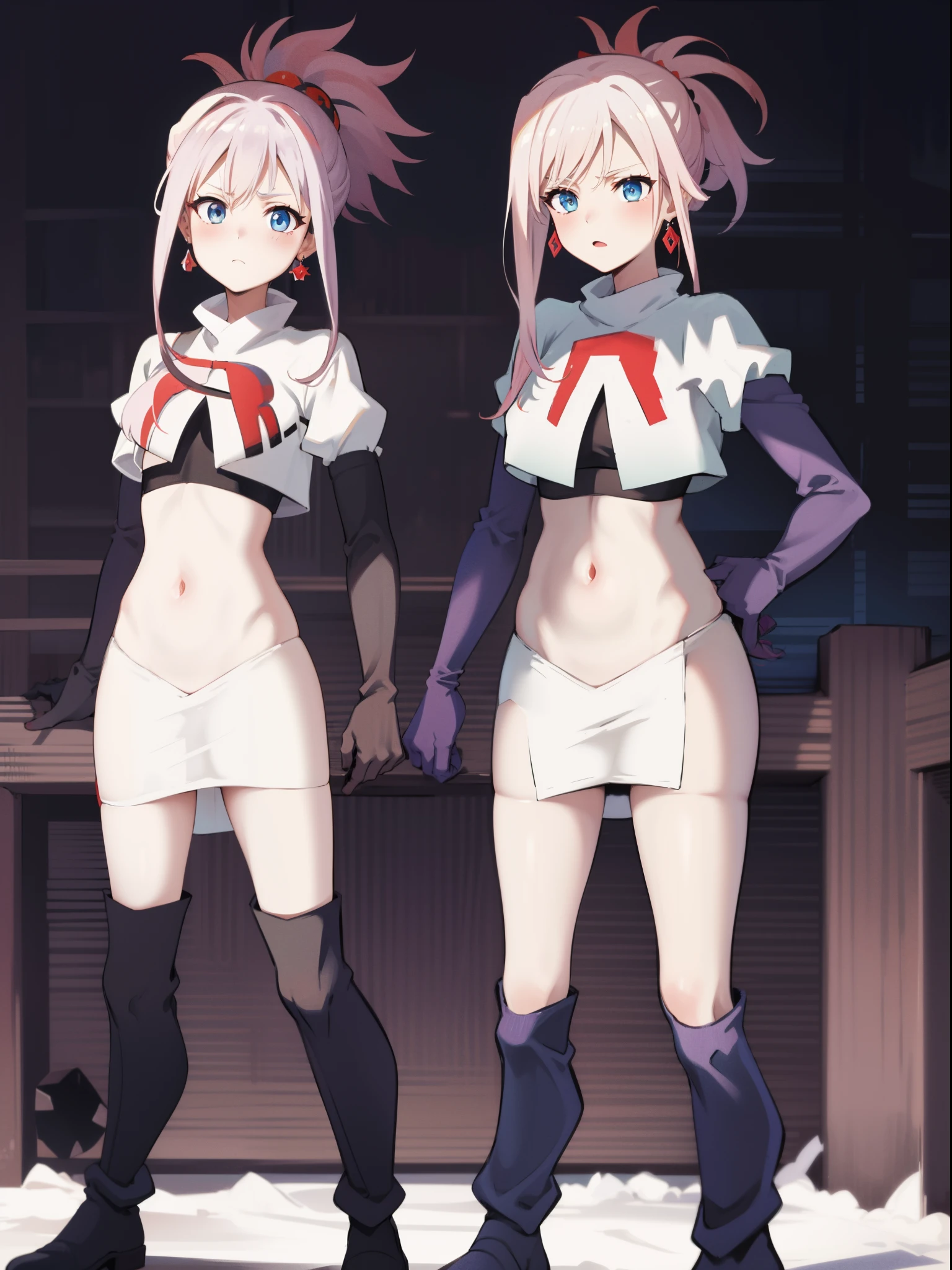 miyamotomusashi, miyamoto musashi, asymmetrical hair, blue eyes, earrings, hair ornament, pink hair, ponytail, sidelocks,team rocket,team rocket uniform,white skirt,crop top,black thigh-high boots,black elbow gloves,