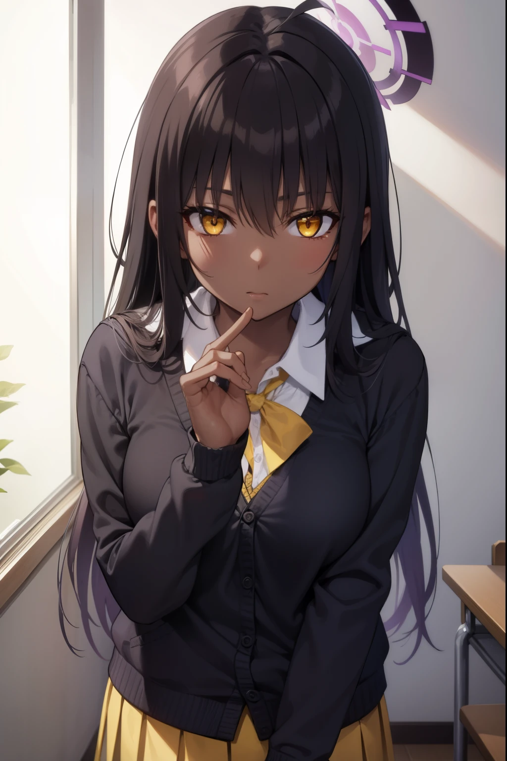 bluearchivekarin, karin, ahoge, black hair, dark skin, dark-skinned female, halo, long hair, (yellow eyes:1.5),
BREAK cardigan, neck ribbon, pleated skirt, ribbon, school uniform, skirt, blue cardigan, 
BREAK looking at viewer, 
BREAK indoors, classroom,
BREAK (masterpiece:1.2), best quality, high resolution, unity 8k wallpaper, (illustration:0.8), (beautiful detailed eyes:1.6), extremely detailed face, perfect lighting, extremely detailed CG, (perfect hands, perfect anatomy),