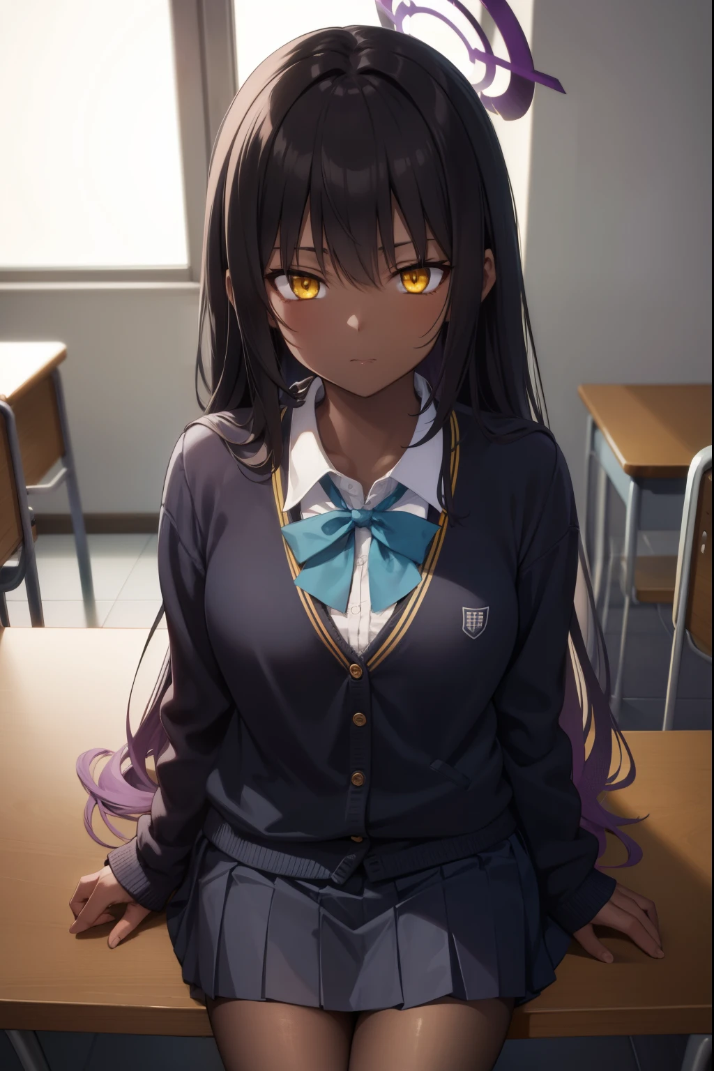 bluearchivekarin, karin, ahoge, black hair, dark skin, dark-skinned female, halo, long hair, (yellow eyes:1.5),
BREAK cardigan, neck ribbon, pleated skirt, ribbon, school uniform, skirt, blue cardigan, 
BREAK looking at viewer, 
BREAK indoors, classroom,
BREAK (masterpiece:1.2), best quality, high resolution, unity 8k wallpaper, (illustration:0.8), (beautiful detailed eyes:1.6), extremely detailed face, perfect lighting, extremely detailed CG, (perfect hands, perfect anatomy),