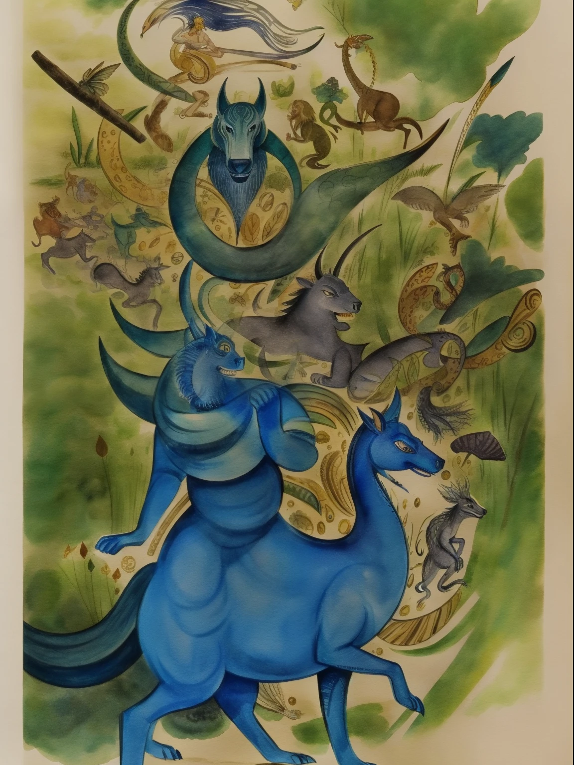 watercolor painting of a surreal fable beast, a hybrid of many other beasts, hybrid, im 60er Jahre Comicstil, im Stil von Jack Kirby, Meisterwerk, high details, 8k, UHD,