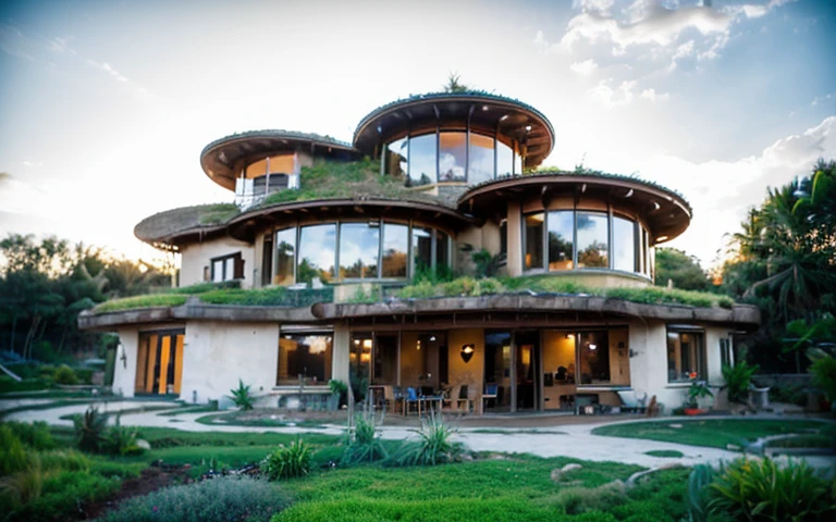 A photograph of a symmetrical contemporary house with (((one waved green roof))) and (((biological pool))) in a tropical backyard, mustard yellow terracota plaster walls (((rustic clay stucco))), ((corner walls rounded)), ((rustic clay plaster)), (((terracotta walls with rounded corners, organic curves))), (((rustic earth plaster, mud))), (((wave-shaped green roof with wooden edge))), (((wooden roof structure, wooden rake, wooden fascia board))), eaves, porch with wooden pillar, ((roof with wooden structure)), In Bali (((Tropical garden))), ((natural houses, organic buildings, organic architecture)), Ecovillage, sustainable architecture, Bioconstruction architecture, solarpunk architecture, (((grass roof, green roof, green wave roof, rounded roof, vegetated roofs))), ((green architecture)), Passive house, (((Rock Foundation))), Clear sky in the background, painful beauty, modern, imposing, green house, ((Bali hobbit Hadid Style)), super resolution, cinematic, color grading, editorial photography, photography, photo shoot, (((dramatic front eye top angle view))), O 50mm, depth of field, intricate details, natural colors, sharp focus, warm light, shutter speed 1/1000, F/22, White Balance, Ray Trace Reflections, Lumen Reflections, Screen Space Reflections, Diffraction Rating, Chromatic Aberration, GB Shift, Partial Lighting, Backlighting, Daylighting, Scan Lines, ambient occlusion, antialiasing, shaders, OpenGL-Shaders, GLSL-Shaders, Post-processing, post-production, shading, tone mapping, incredibly detailed and complex, hypermaximalist, elegant, hyperrealistic, super detailed, dynamic pose, Fujifilm XT