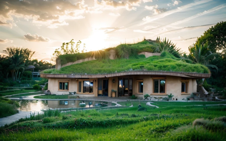 A photograph of a symmetrical contemporary house with (((one waved green roof))) and (((biological pool))) in a tropical backyard, mustard yellow terracota plaster walls (((rustic clay stucco))), ((corner walls rounded)), ((rustic clay plaster)), (((terracotta walls with rounded corners, organic curves))), (((rustic earth plaster, mud))), (((wave-shaped green roof with wooden edge))), (((wooden roof structure, wooden rake, wooden fascia board))), eaves, porch with wooden pillar, ((roof with wooden structure)), In Bali (((Tropical garden))), ((natural houses, organic buildings, organic architecture)), Ecovillage, sustainable architecture, Bioconstruction architecture, solarpunk architecture, (((grass roof, green roof, green wave roof, rounded roof, vegetated roofs))), ((green architecture)), Passive house, (((Rock Foundation))), Clear sky in the background, painful beauty, modern, imposing, green house, ((Bali hobbit Hadid Style)), super resolution, cinematic, color grading, editorial photography, photography, photo shoot, (((dramatic front eye top angle view))), O 50mm, depth of field, intricate details, natural colors, sharp focus, warm light, shutter speed 1/1000, F/22, White Balance, Ray Trace Reflections, Lumen Reflections, Screen Space Reflections, Diffraction Rating, Chromatic Aberration, GB Shift, Partial Lighting, Backlighting, Daylighting, Scan Lines, ambient occlusion, antialiasing, shaders, OpenGL-Shaders, GLSL-Shaders, Post-processing, post-production, shading, tone mapping, incredibly detailed and complex, hypermaximalist, elegant, hyperrealistic, super detailed, dynamic pose, Fujifilm XT